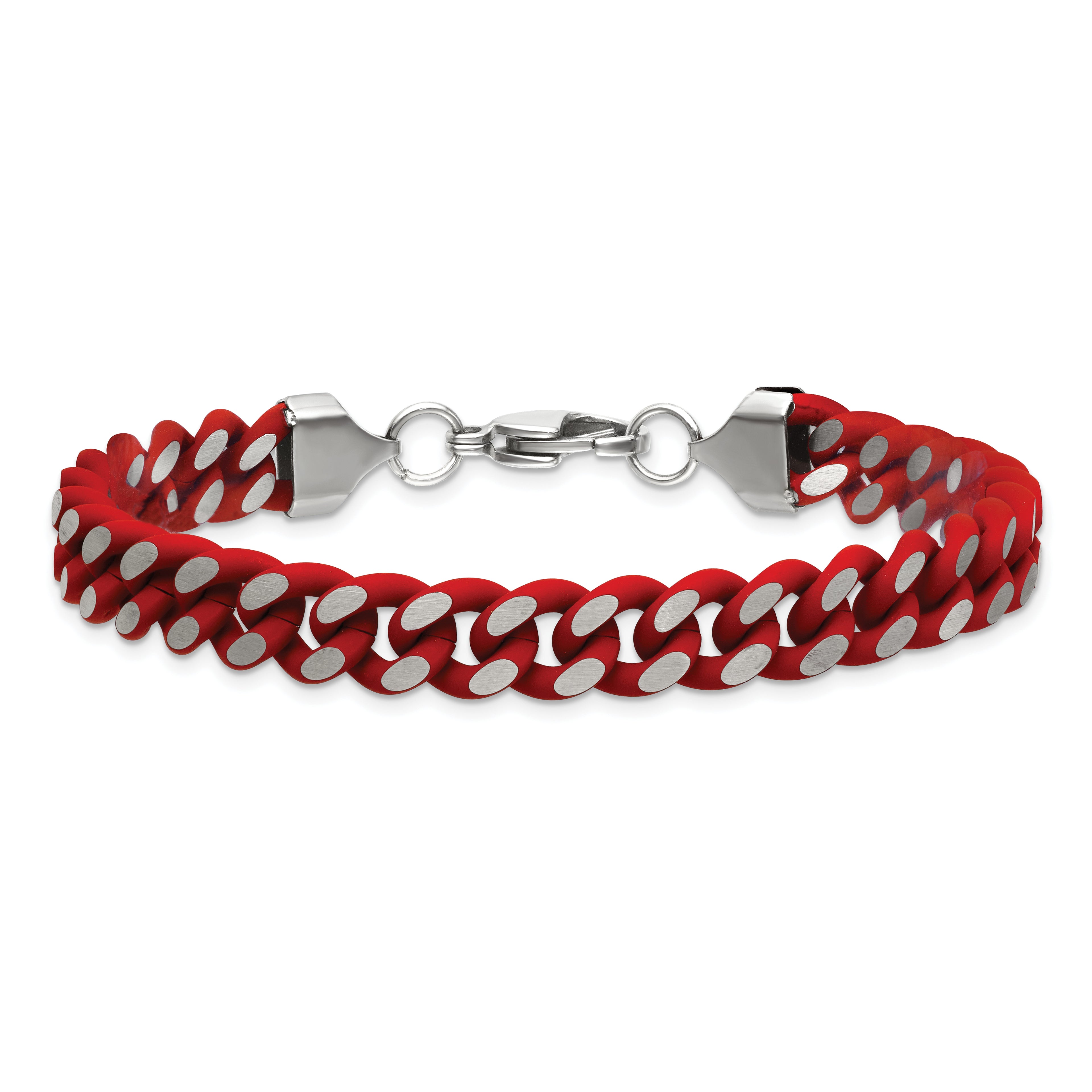 Men's Polished Rubber Red Enamel Stainless Steel Curb Chain Bracelet 9mm