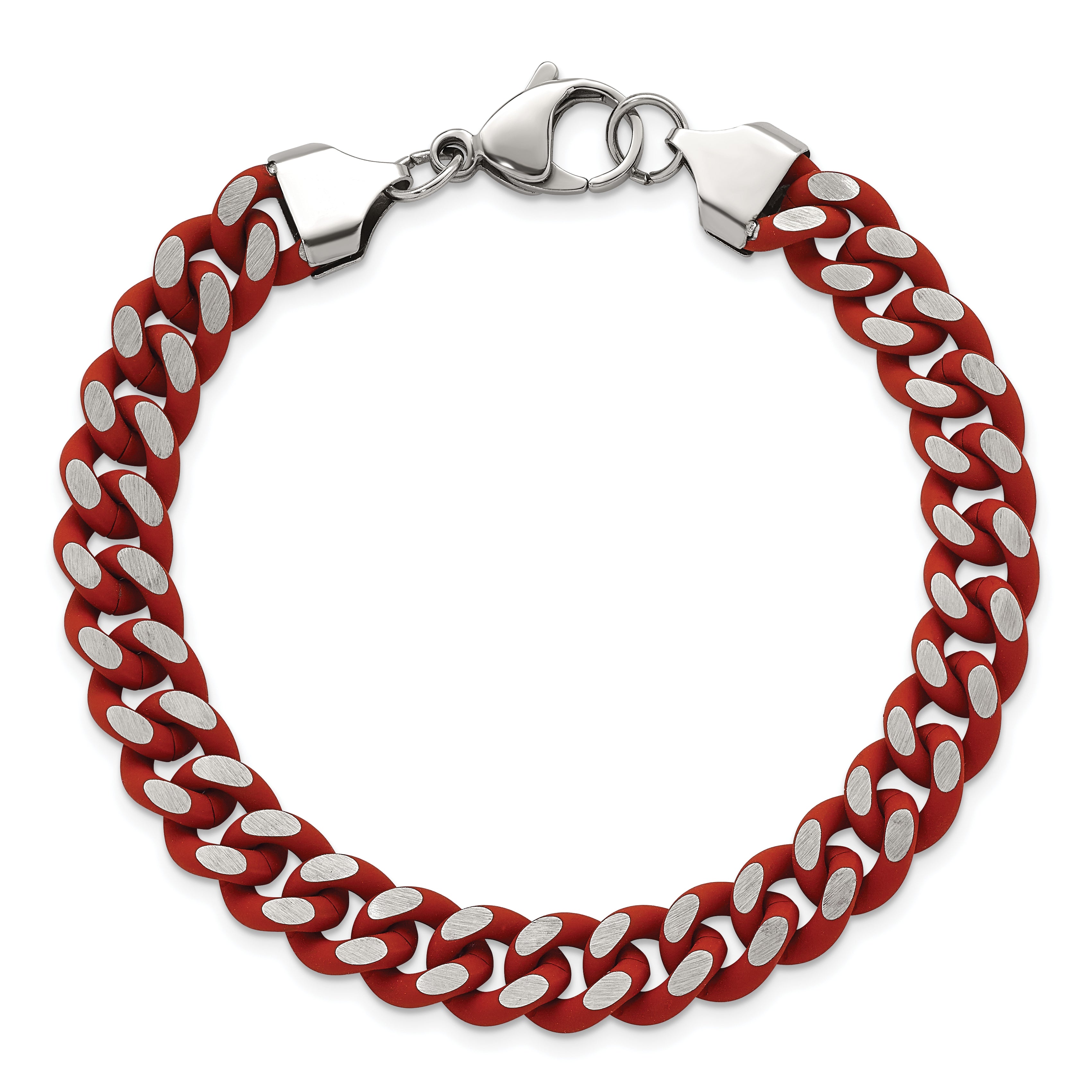 Men's Polished Rubber Red Enamel Stainless Steel Curb Chain Bracelet 9mm