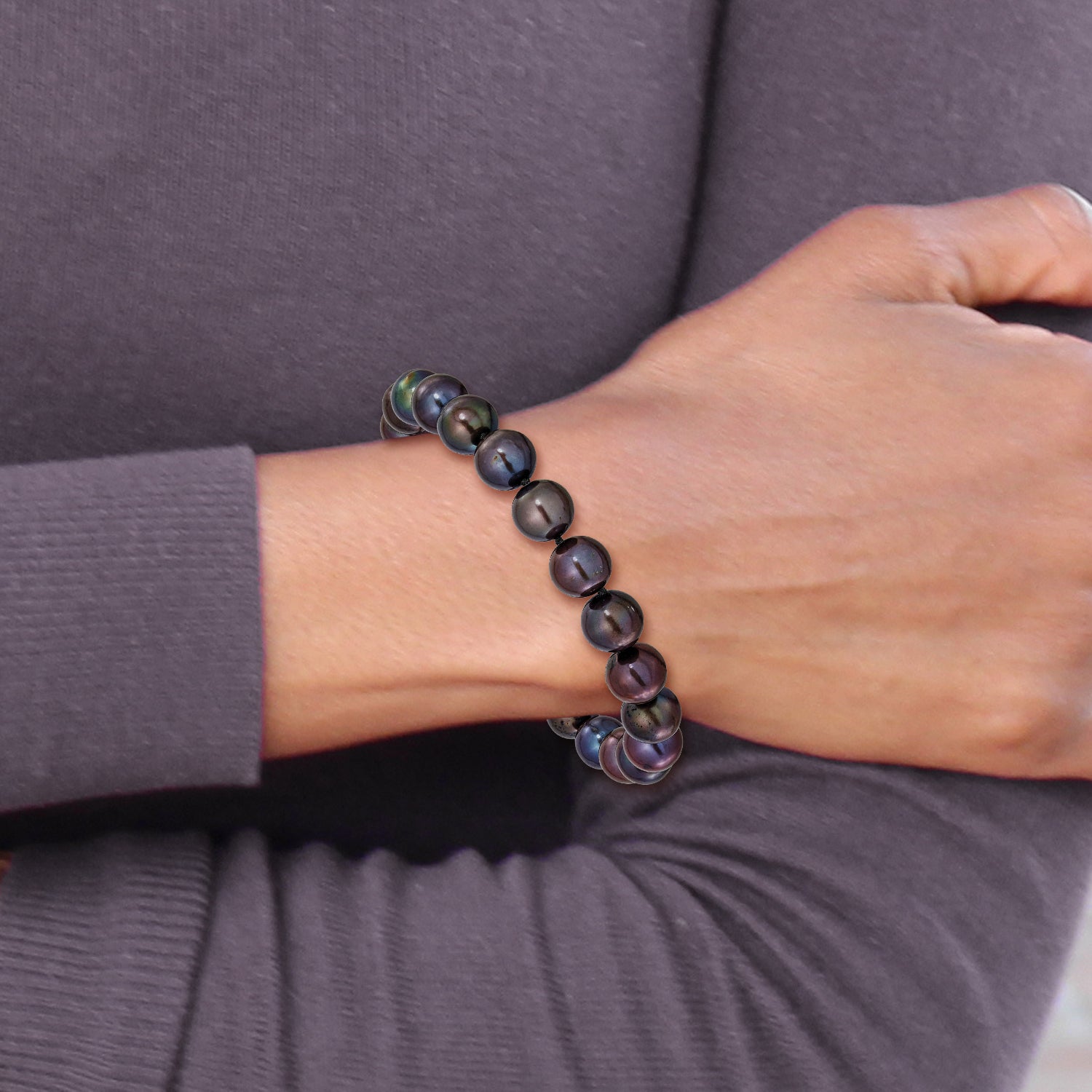 Polished Black Freshwater Cultured Pearl Knot Stainless Steel Bracelet 9mm