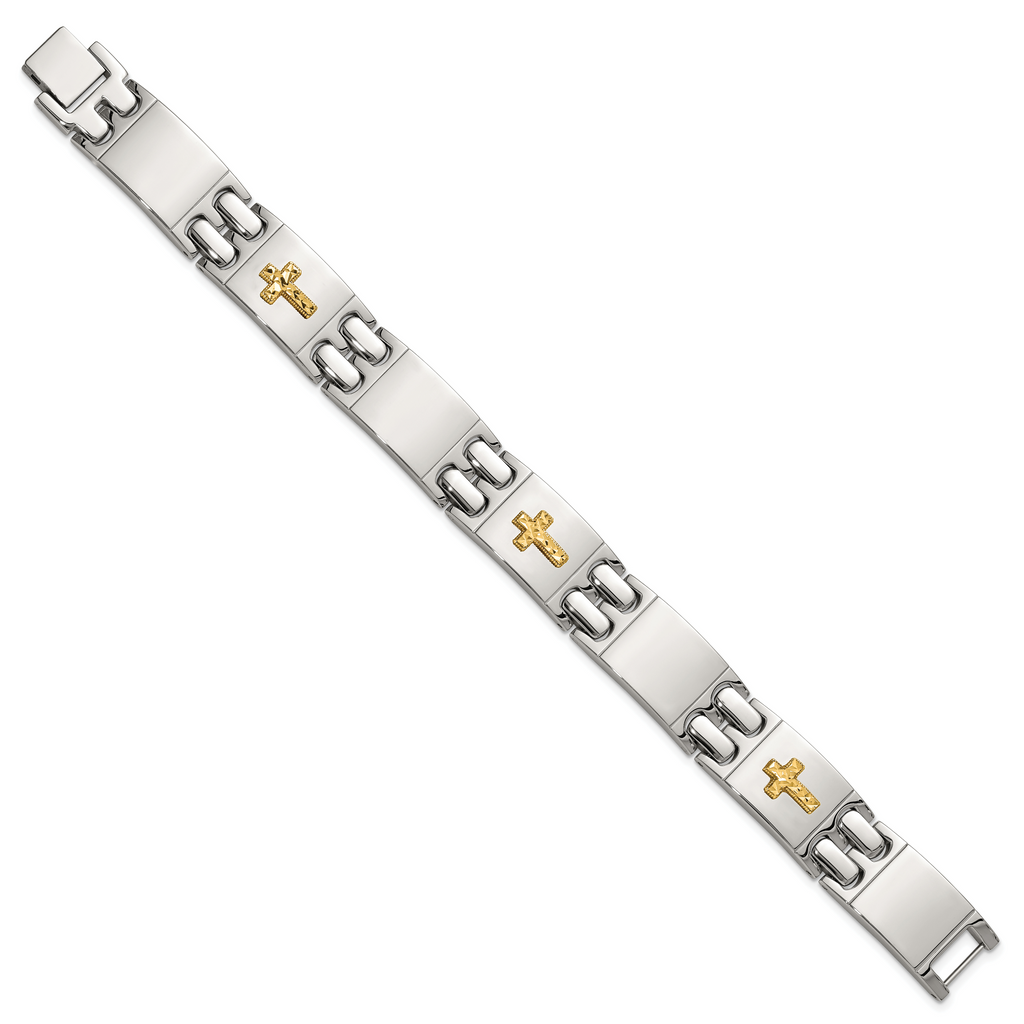 Men's Polished Cross Stainless Steel 14K Gold Accent Link Bracelet 14mm