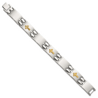 Men's Polished Cross Stainless Steel 14K Gold Accent Link Bracelet 14mm