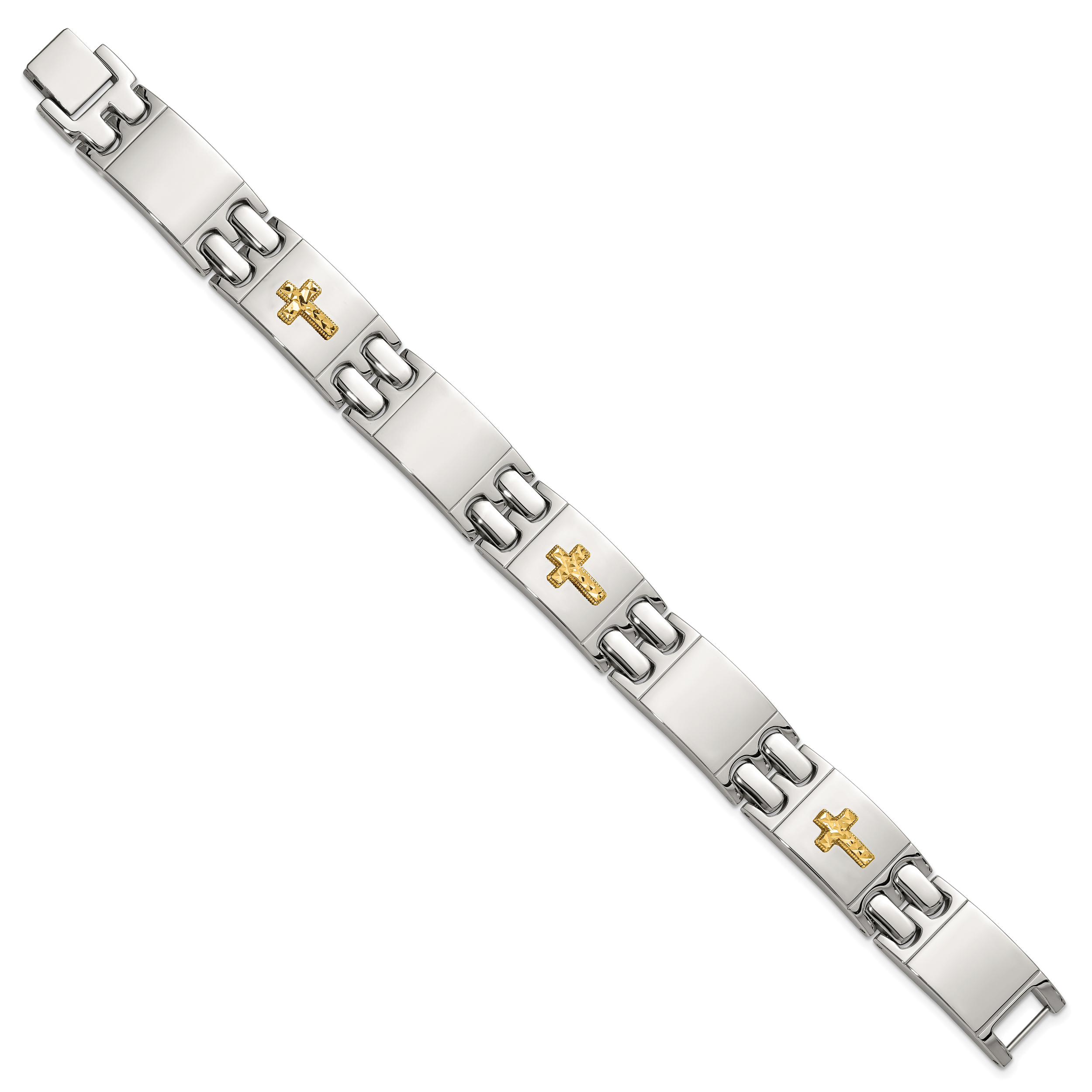 Men's Polished Cross Stainless Steel 14K Gold Accent Link Bracelet 14mm
