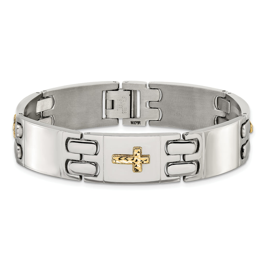 Men's Polished Cross Stainless Steel 14K Gold Accent Link Bracelet 14mm