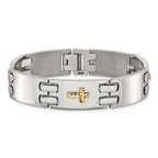 Men's Polished Cross Stainless Steel 14K Gold Accent Link Bracelet 14mm