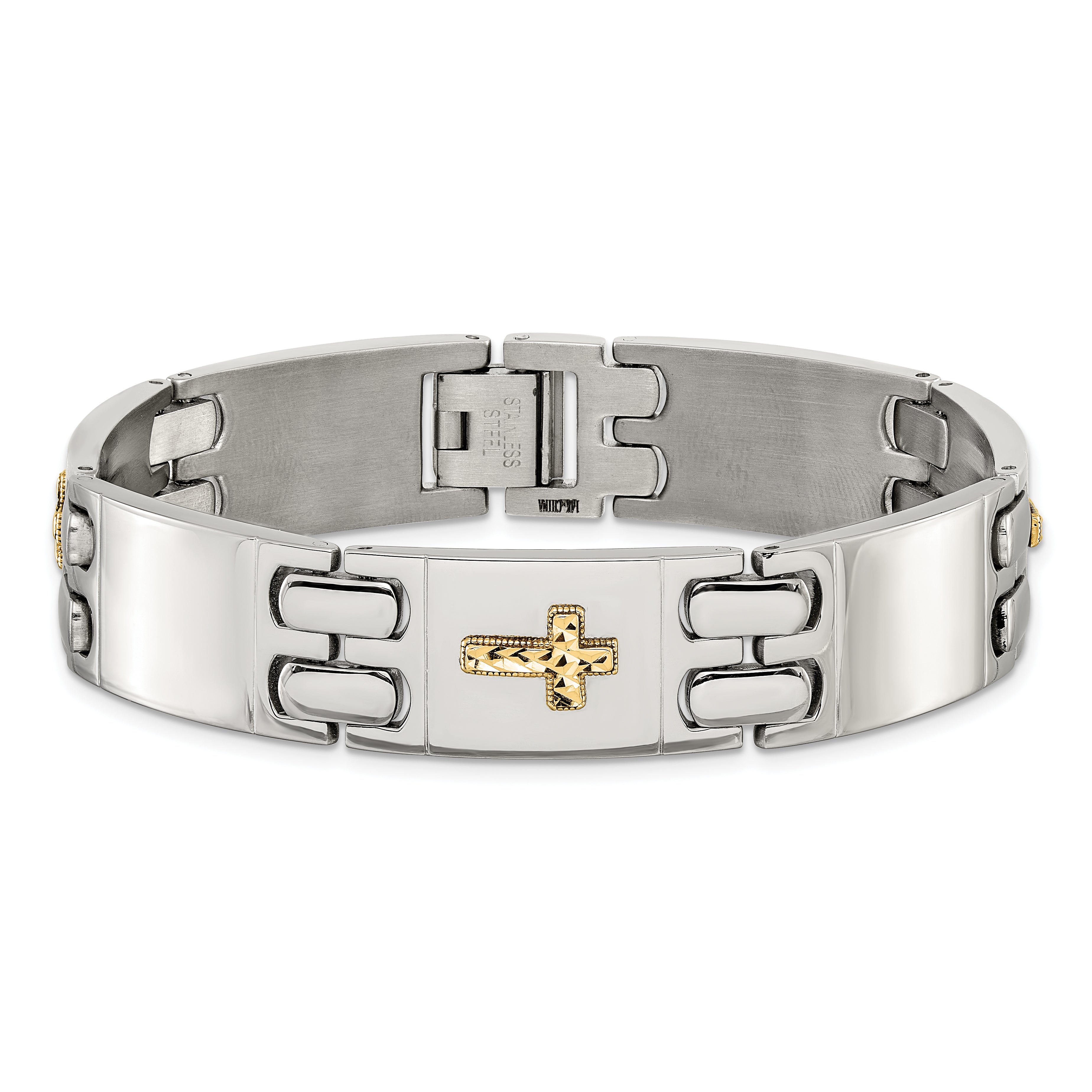 Men's Polished Cross Stainless Steel 14K Gold Accent Link Bracelet 14mm