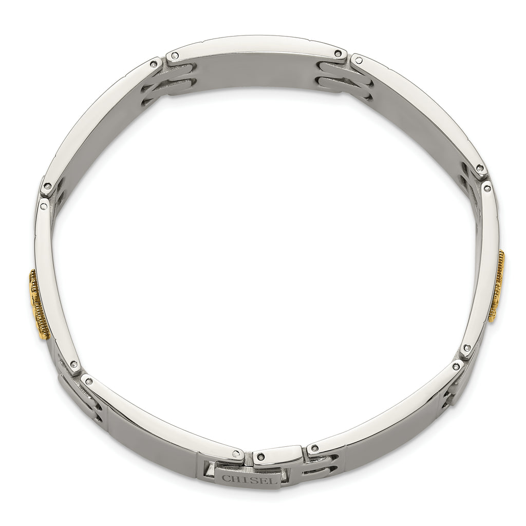 Men's Polished Cross Stainless Steel 14K Gold Accent Link Bracelet 14mm