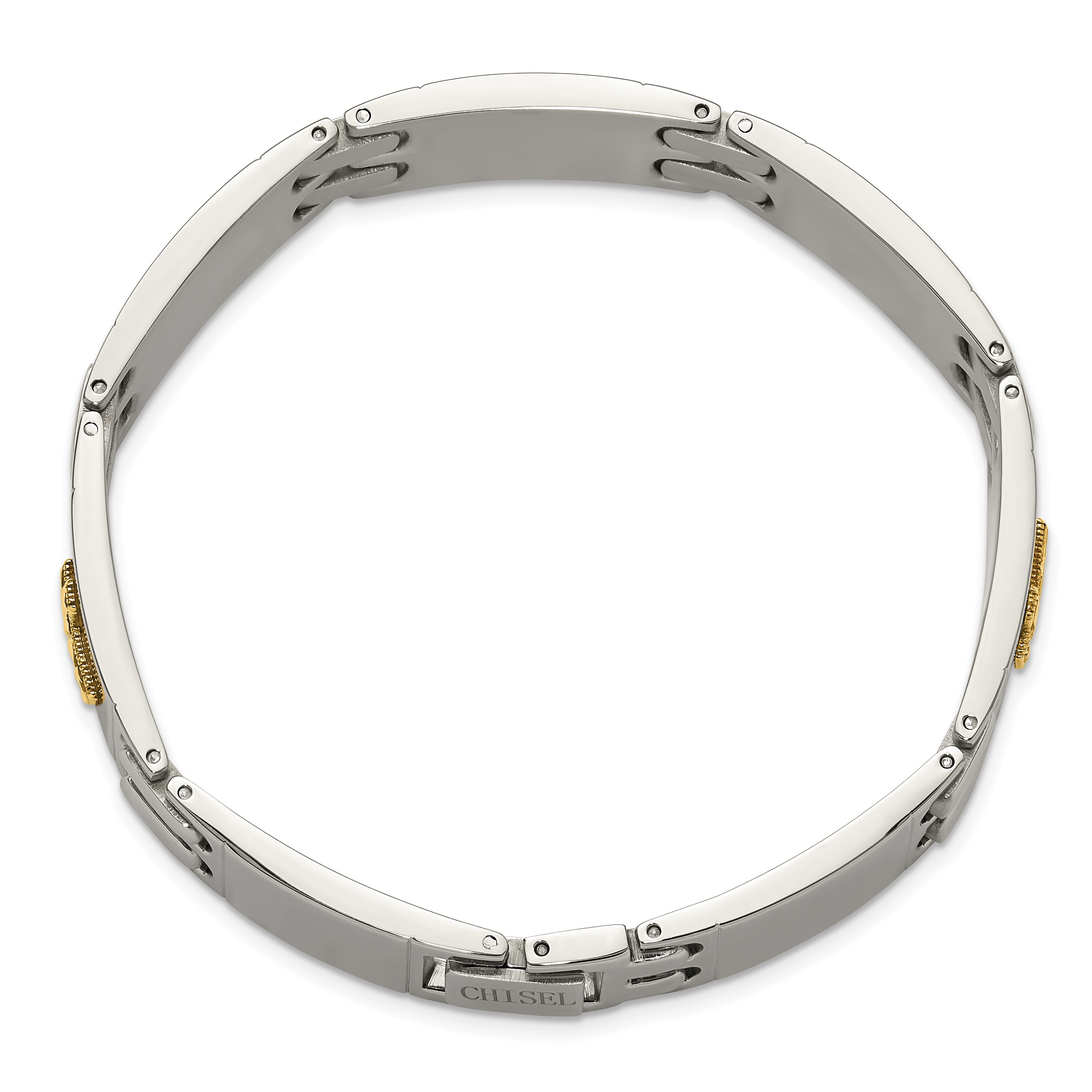 Men's Polished Cross Stainless Steel 14K Gold Accent Link Bracelet 14mm