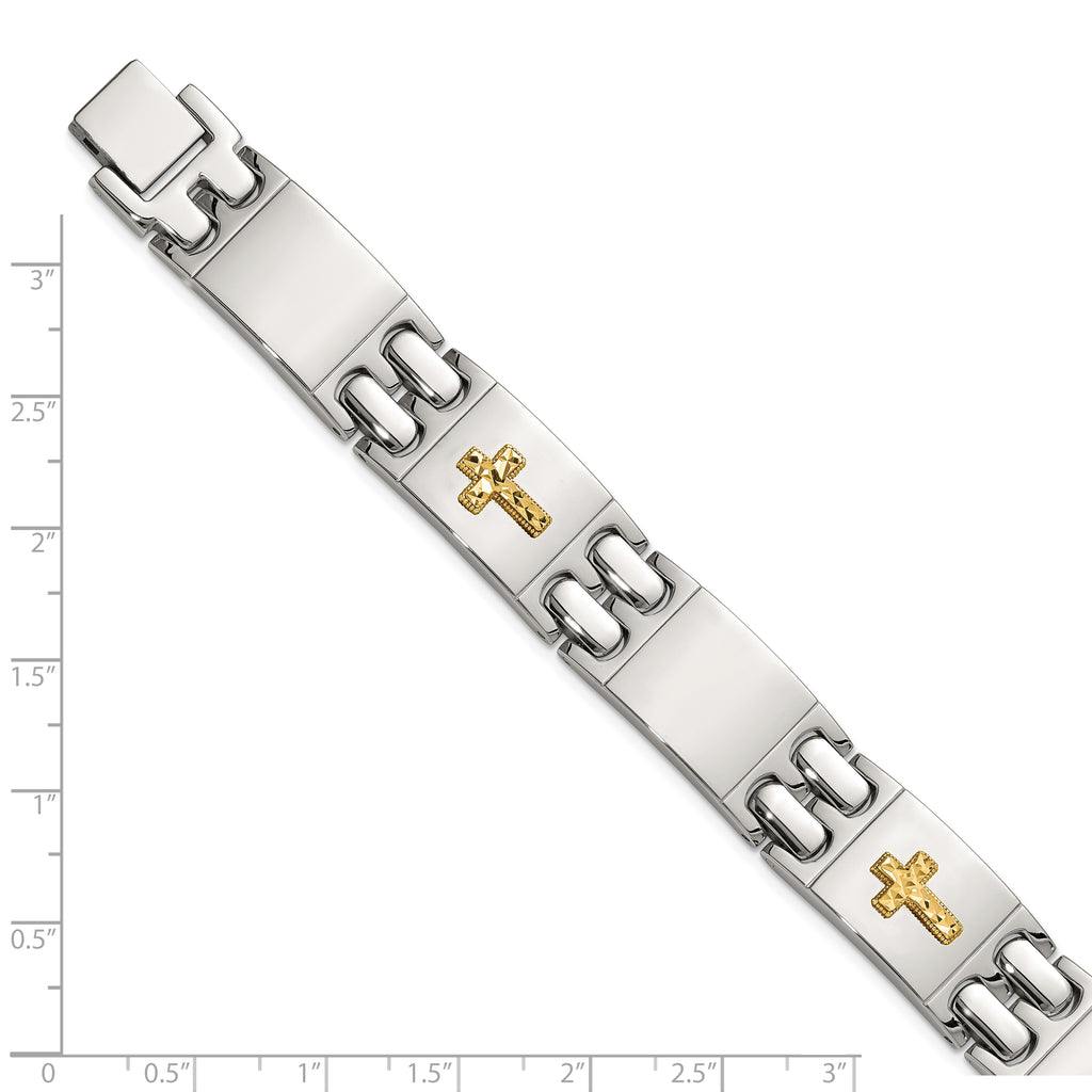 Men's Polished Cross Stainless Steel 14K Gold Accent Link Bracelet 14mm