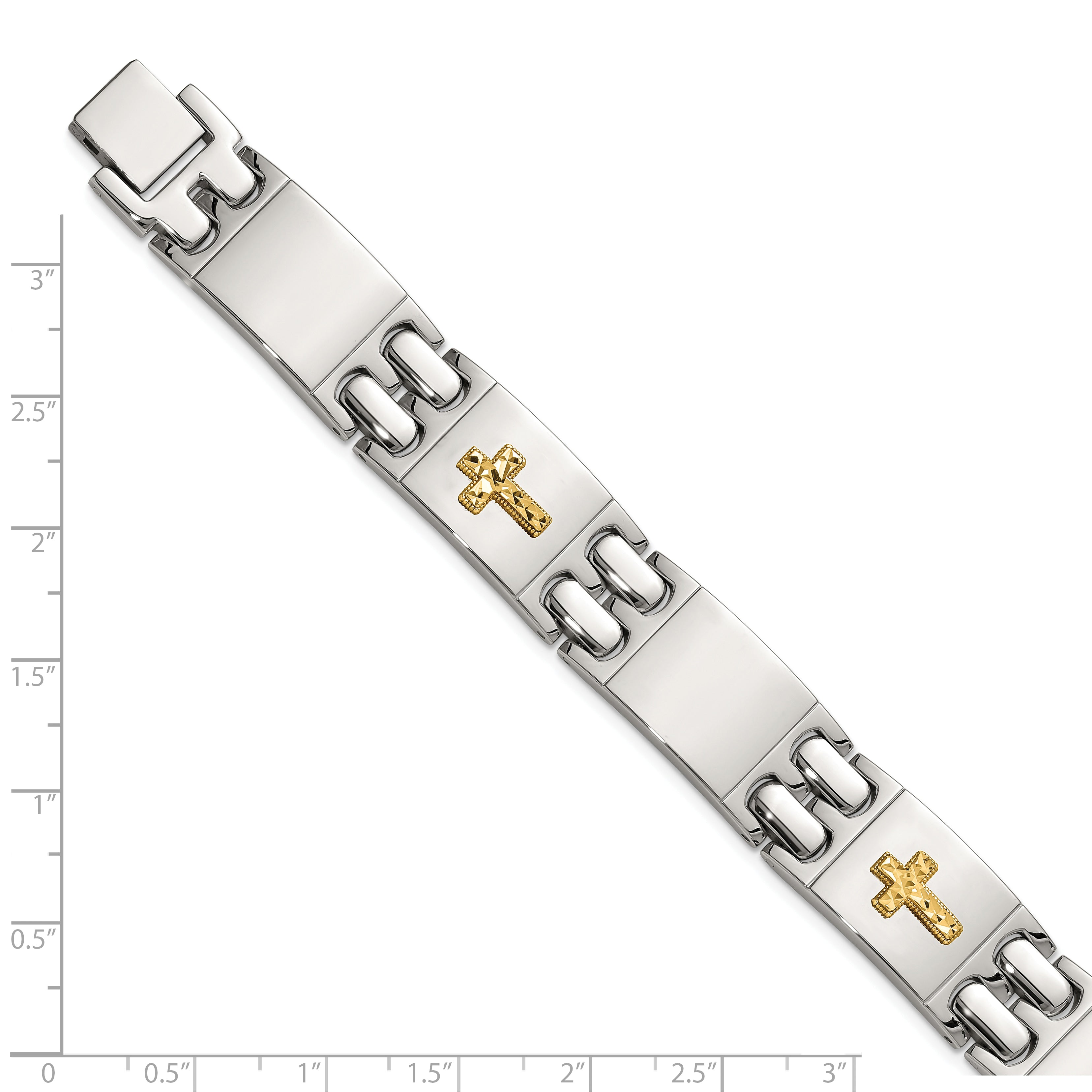 Men's Polished Cross Stainless Steel 14K Gold Accent Link Bracelet 14mm