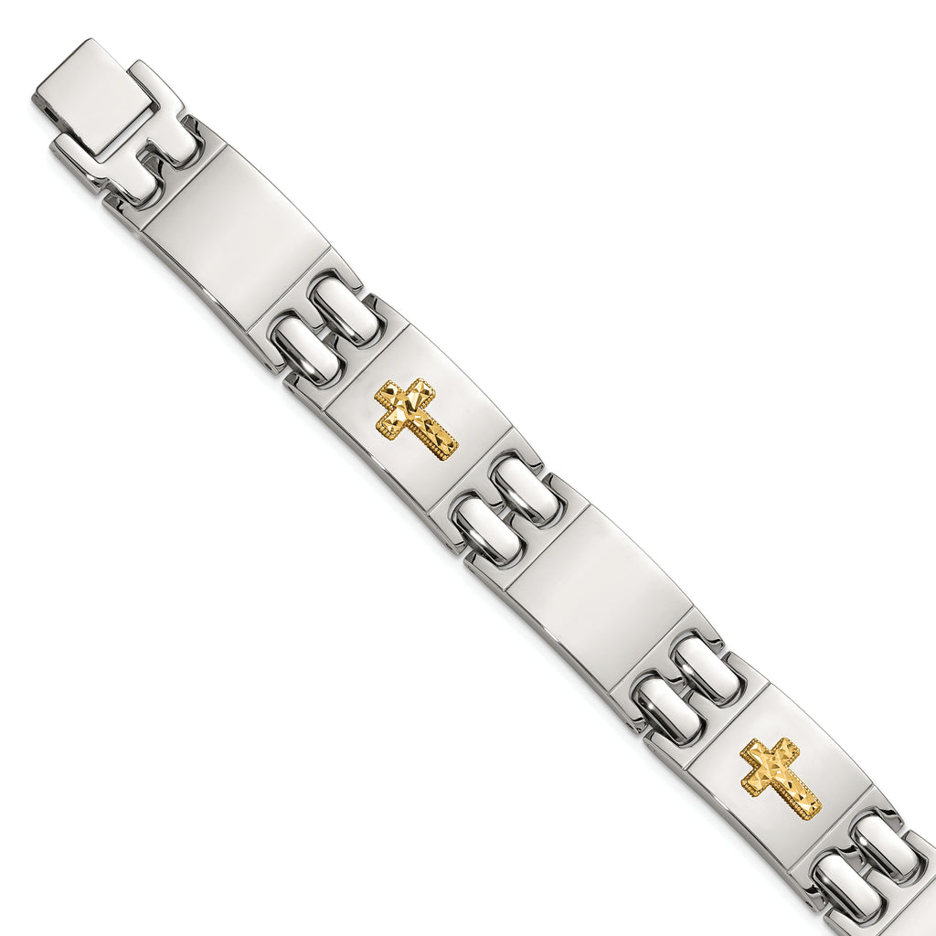 Men's Polished Cross Stainless Steel 14K Gold Accent Link Bracelet 14mm