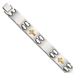 Men's Polished Cross Stainless Steel 14K Gold Accent Link Bracelet 14mm