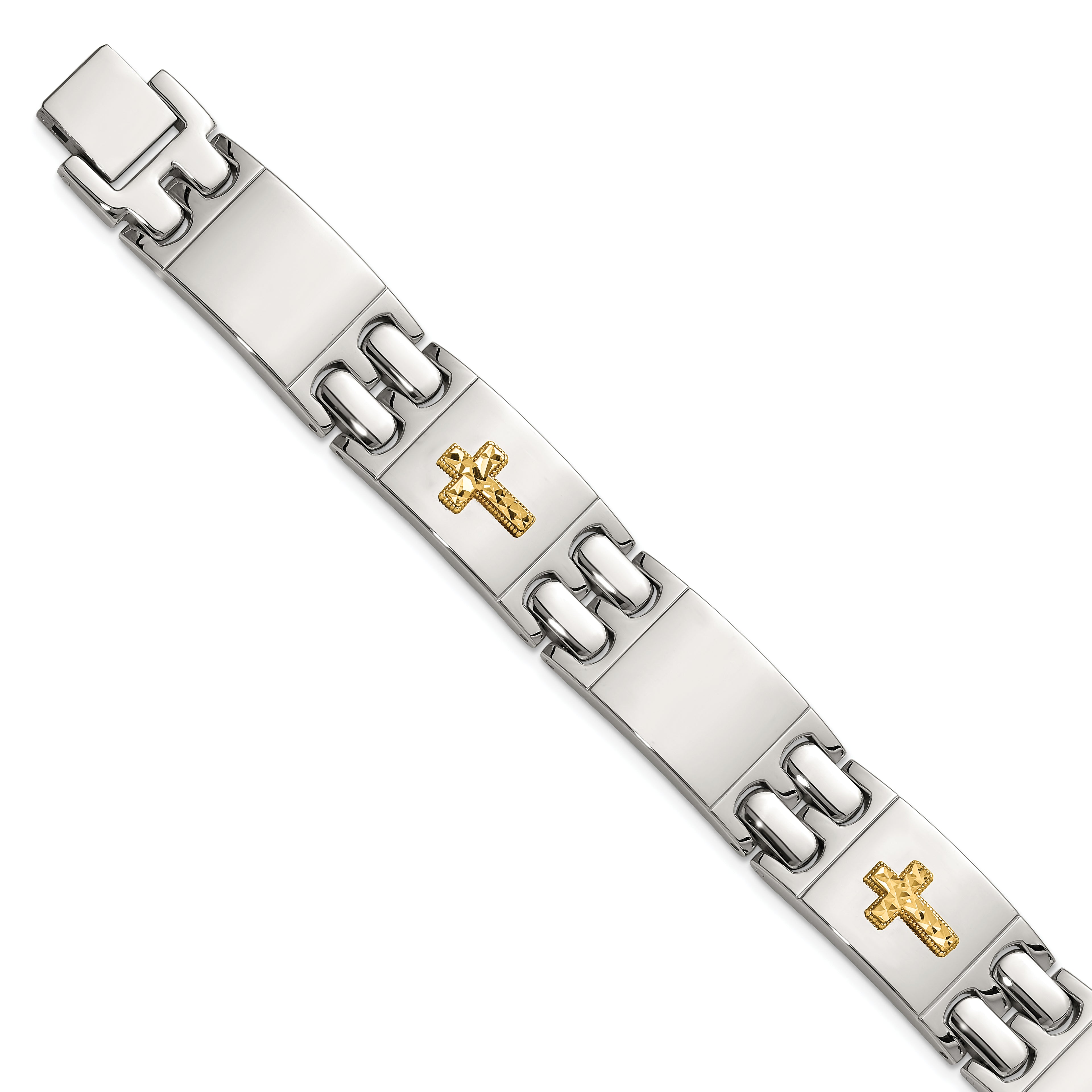 Men's Polished Cross Stainless Steel 14K Gold Accent Link Bracelet 14mm