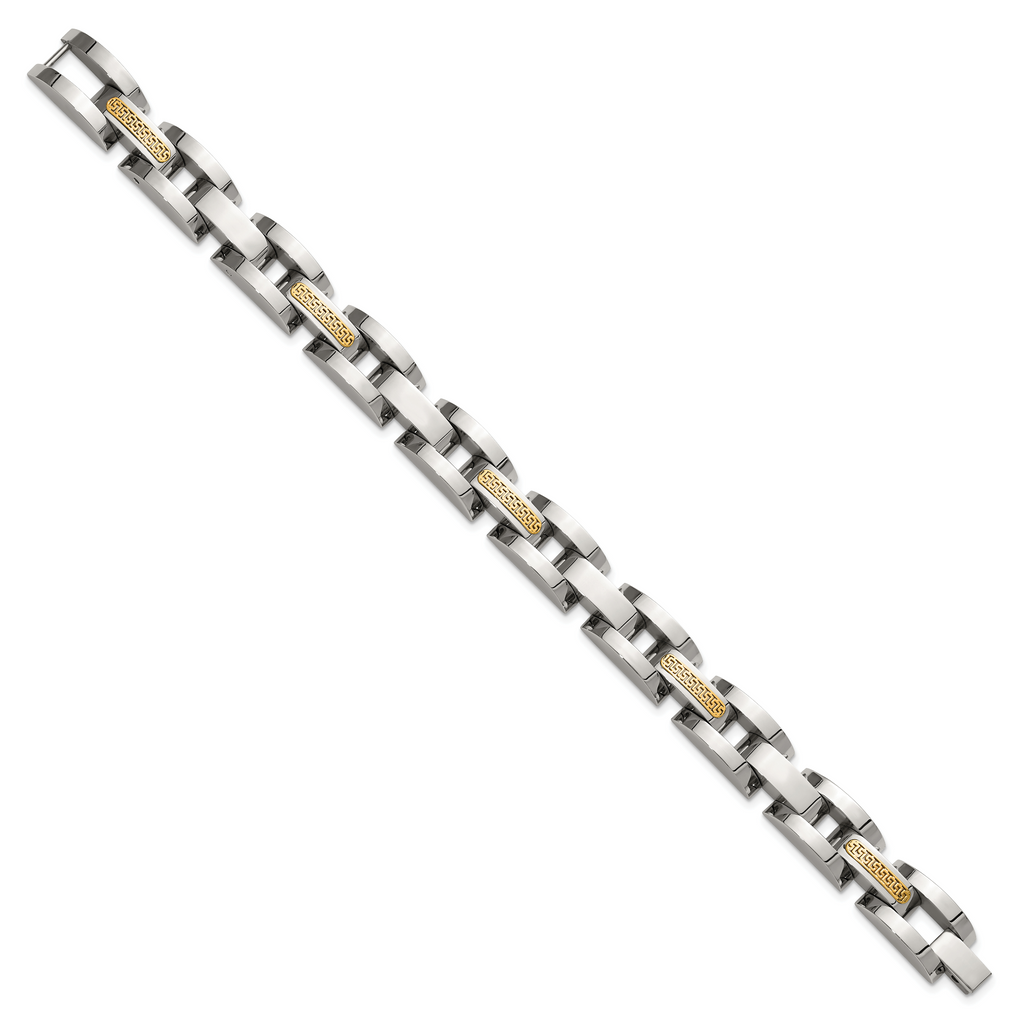 Men's Polished Stainless Steel 14K Gold Accent Link Bracelet 11mm
