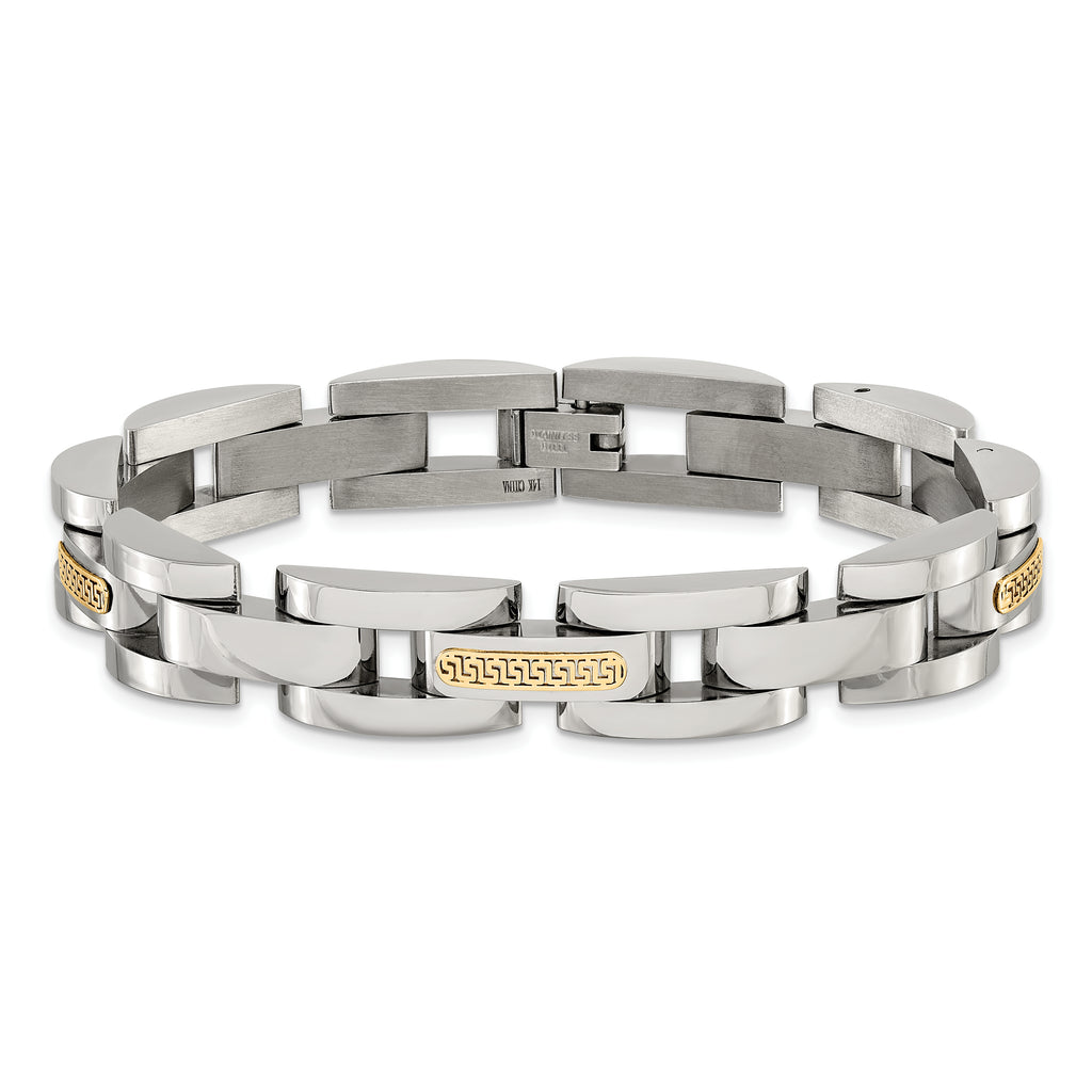 Men's Polished Stainless Steel 14K Gold Accent Link Bracelet 11mm