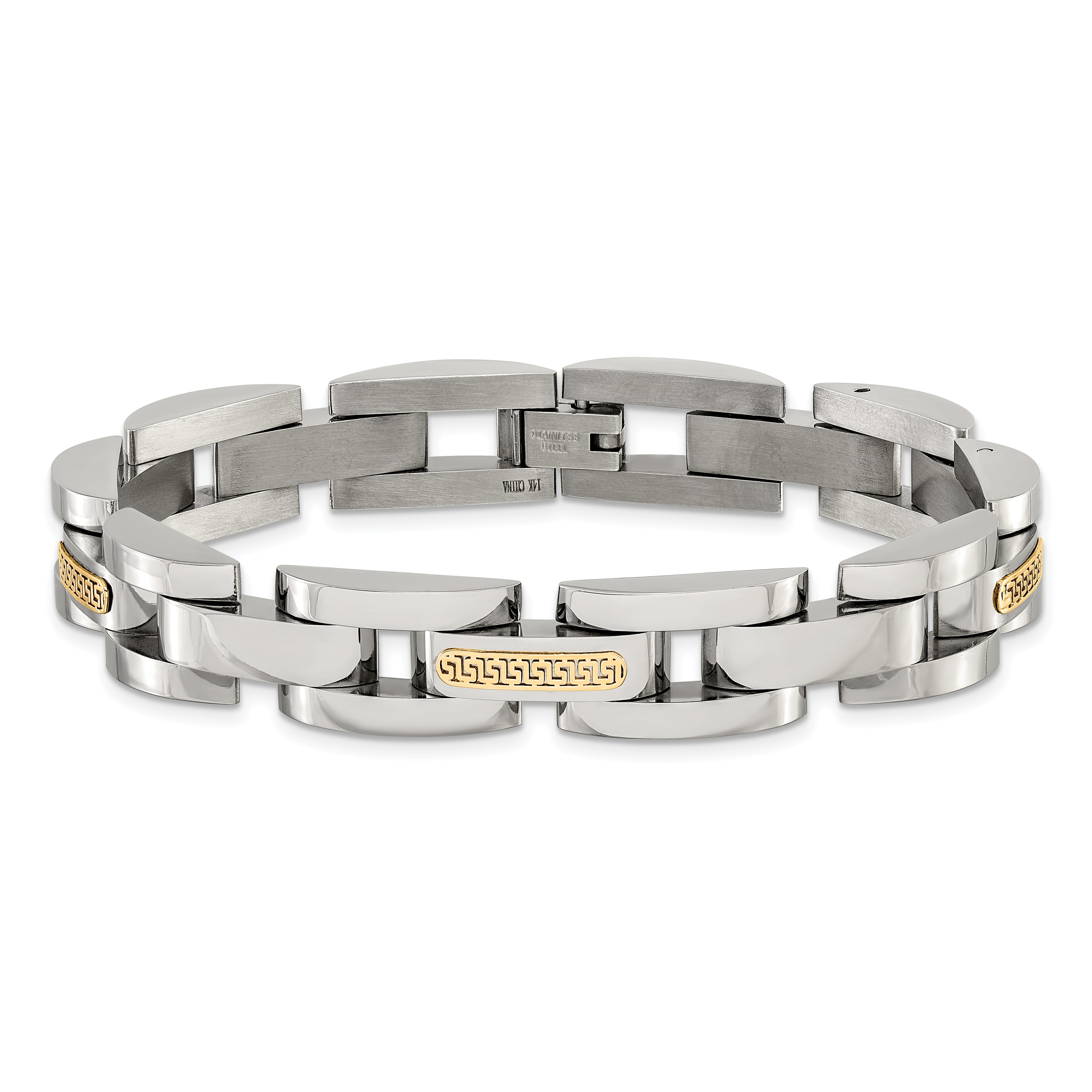 Men's Polished Stainless Steel 14K Gold Accent Link Bracelet 11mm