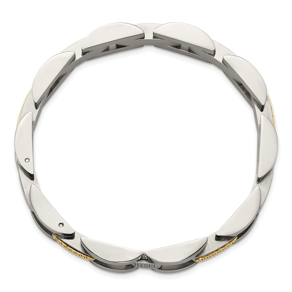 Men's Polished Stainless Steel 14K Gold Accent Link Bracelet 11mm
