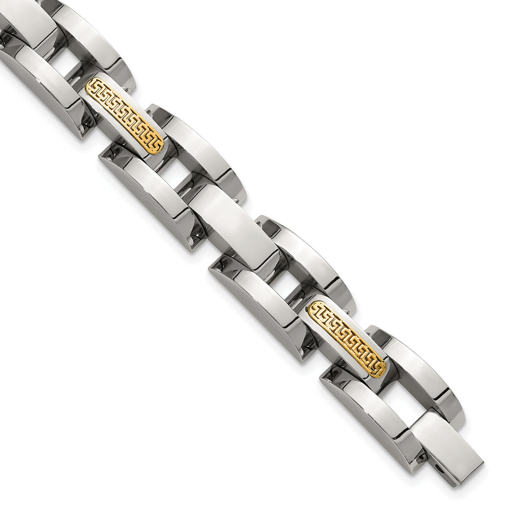 Men's Polished Stainless Steel 14K Gold Accent Link Bracelet 11mm
