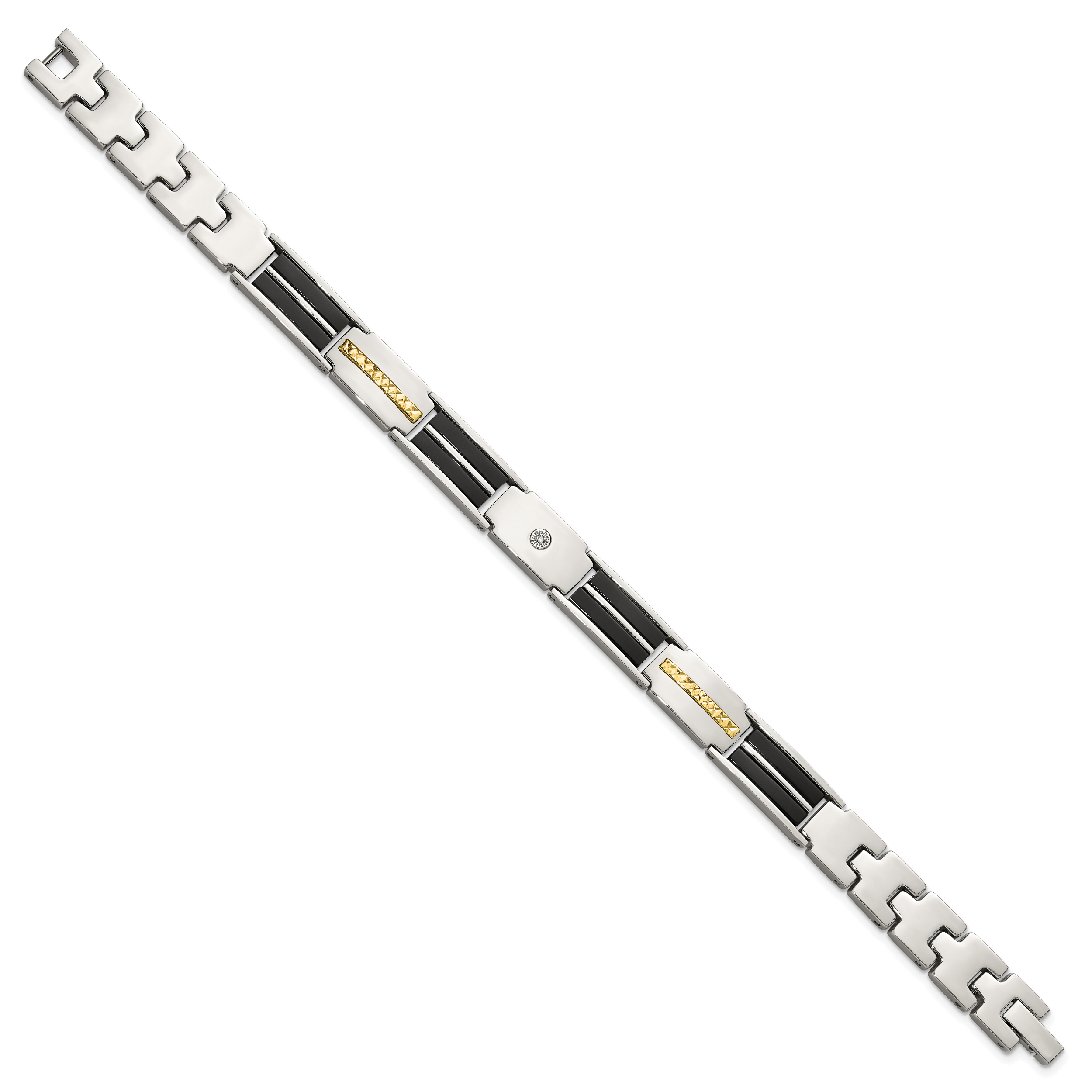 Men's Polished Diamond Black Enamel Stainless Steel Link Bracelet 9mm
