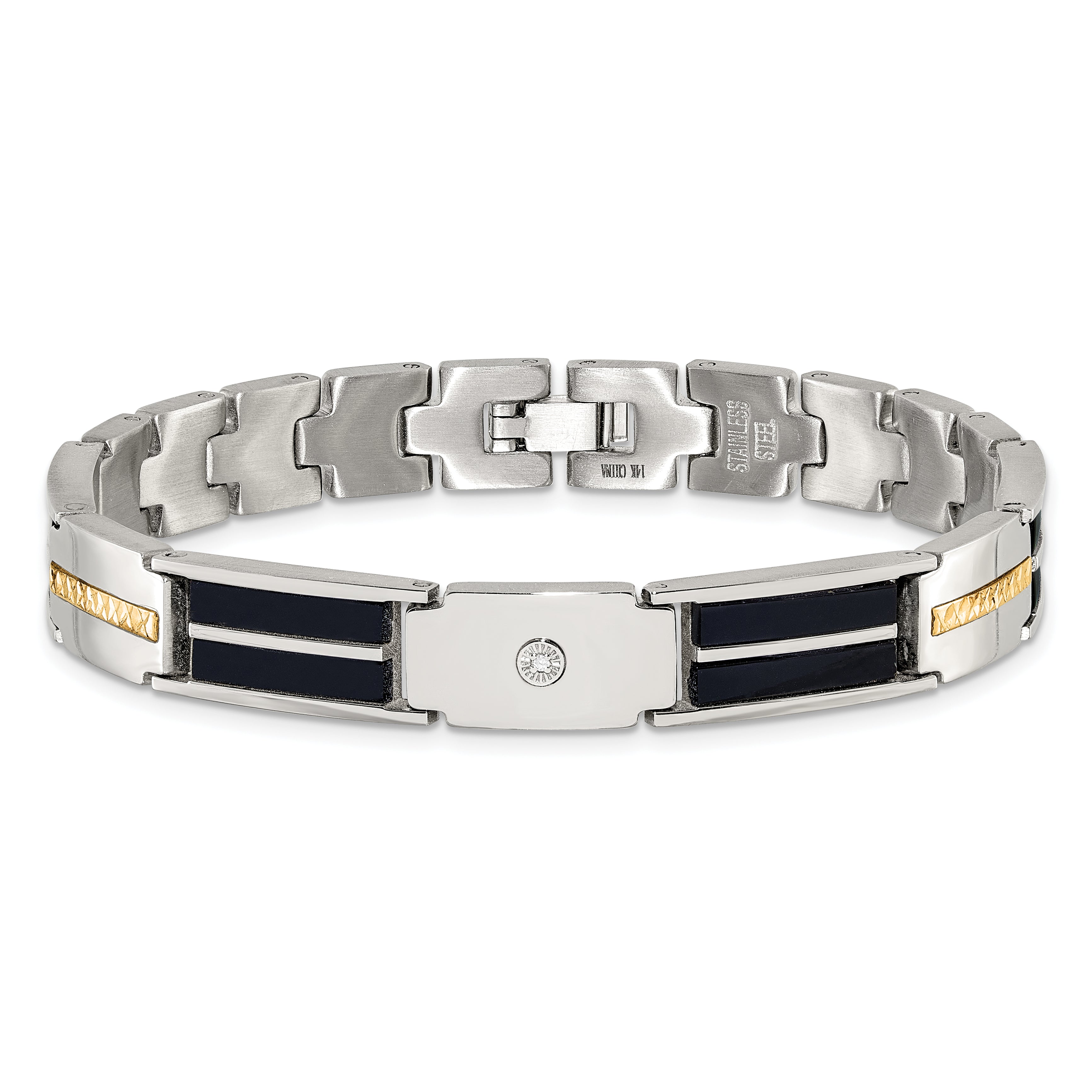 Men's Polished Diamond Black Enamel Stainless Steel Link Bracelet 9mm