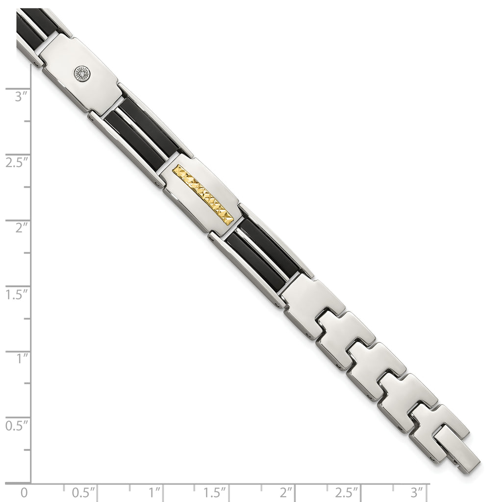 Men's Polished Diamond Black Enamel Stainless Steel Link Bracelet 9mm