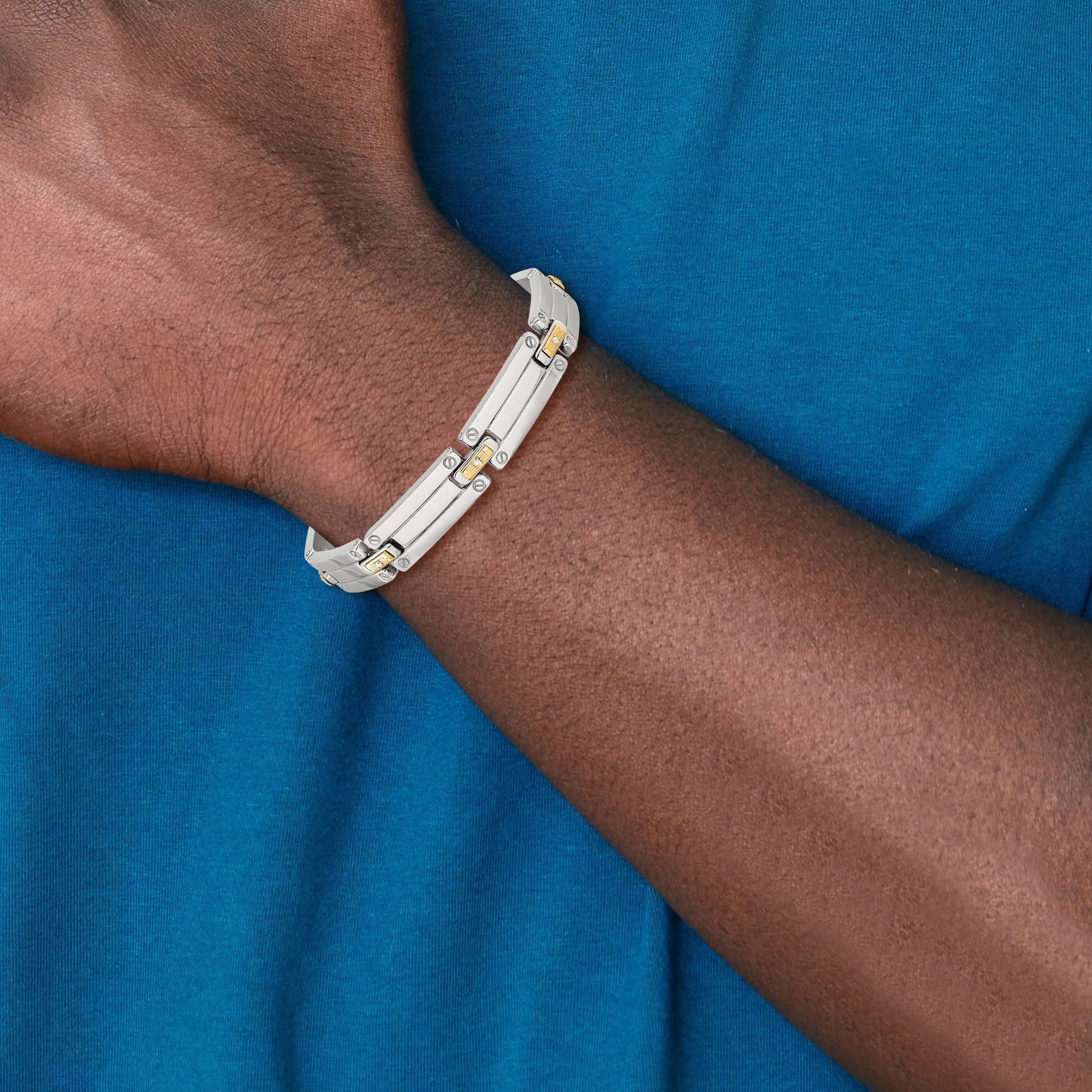 Men's Polished Diamond Stainless Steel Link Bracelet 10mm