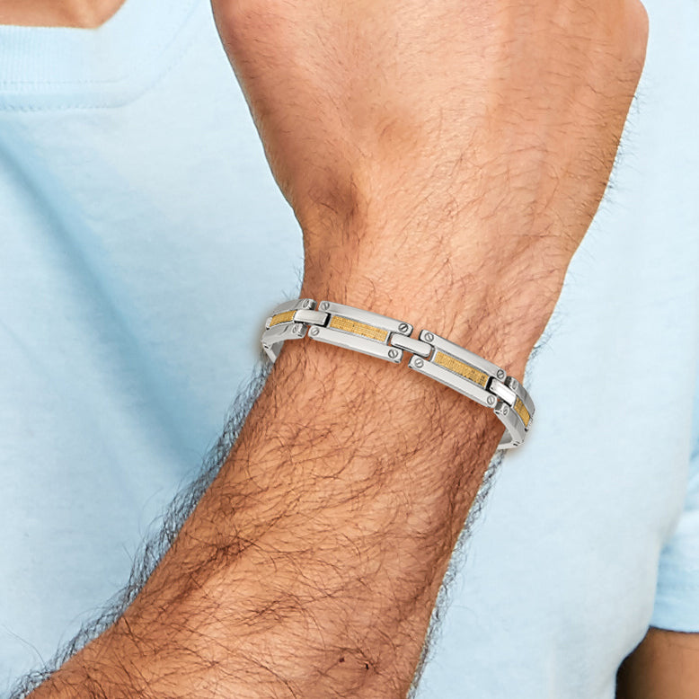 Men's Polished Stainless Steel 14K Gold Accent Link Bracelet 10mm