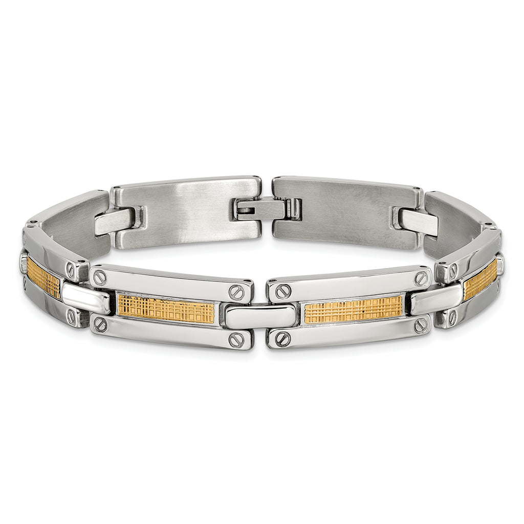 Men's Polished Stainless Steel 14K Gold Accent Link Bracelet 10mm
