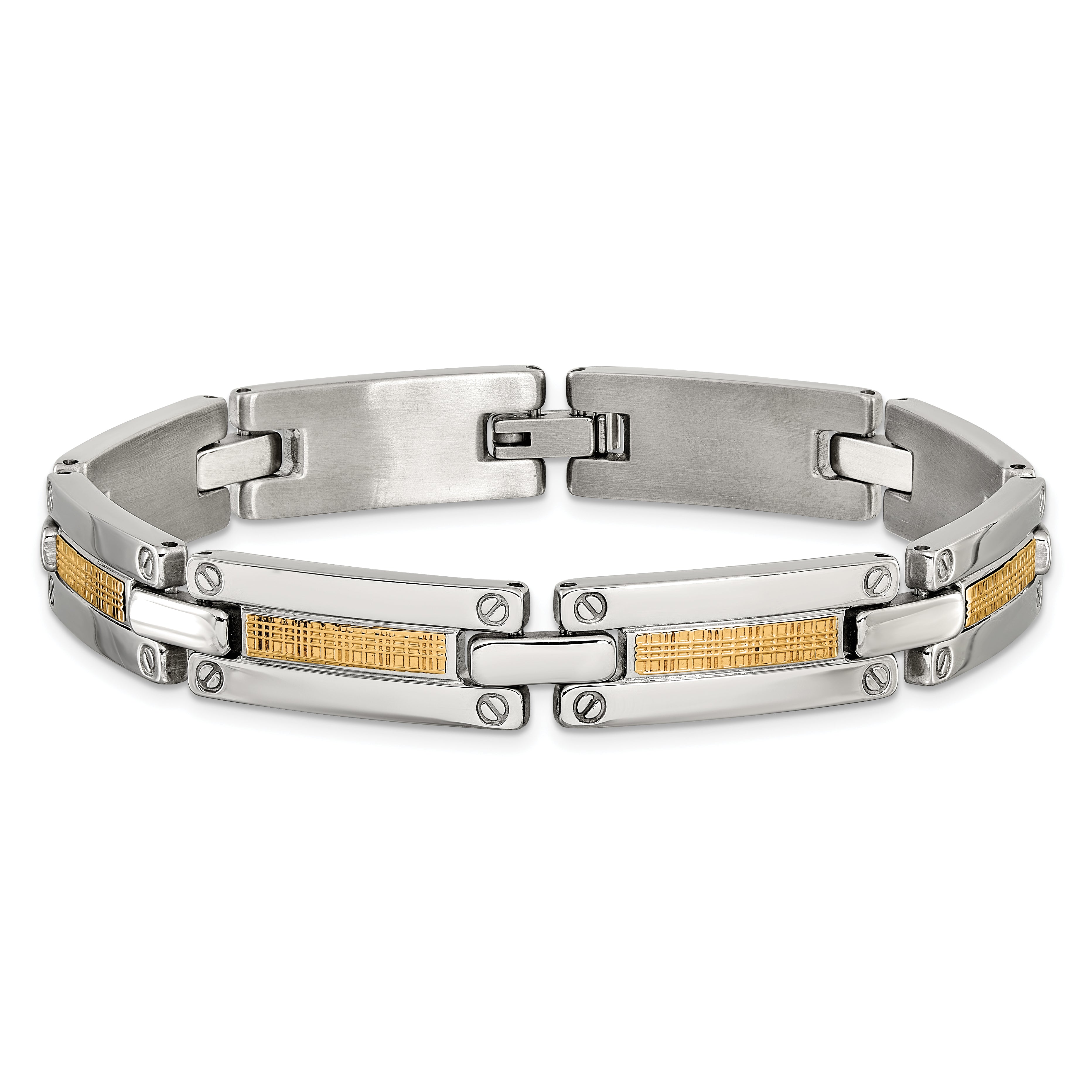 Men's Polished Stainless Steel 14K Gold Accent Link Bracelet 10mm