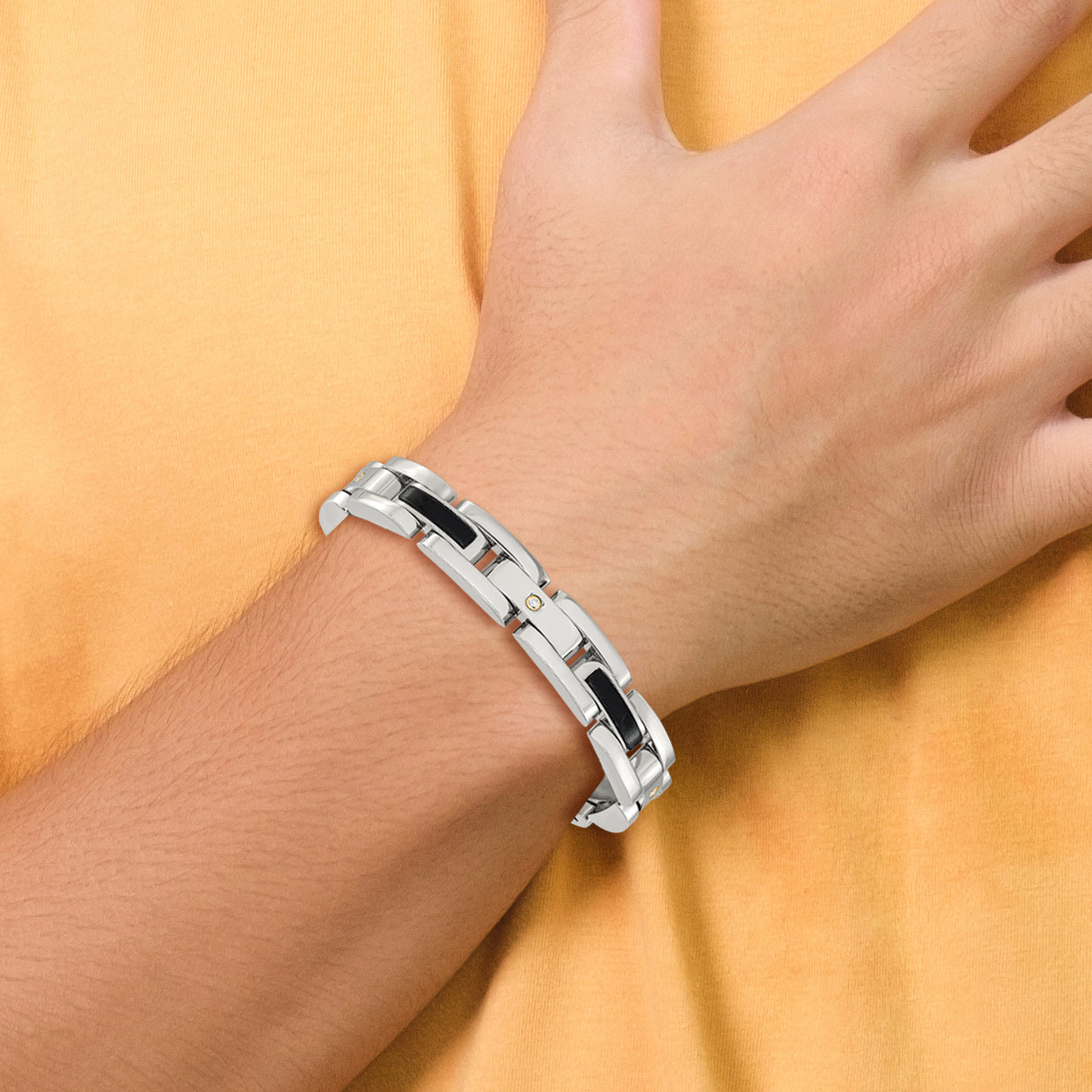 Men's Polished Diamond Stainless Steel Link Bracelet 11mm