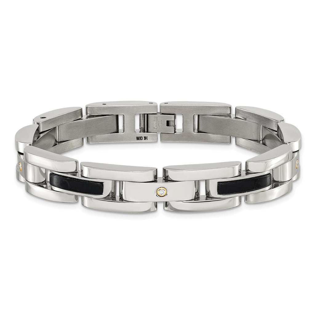 Men's Polished Diamond Stainless Steel Link Bracelet 11mm