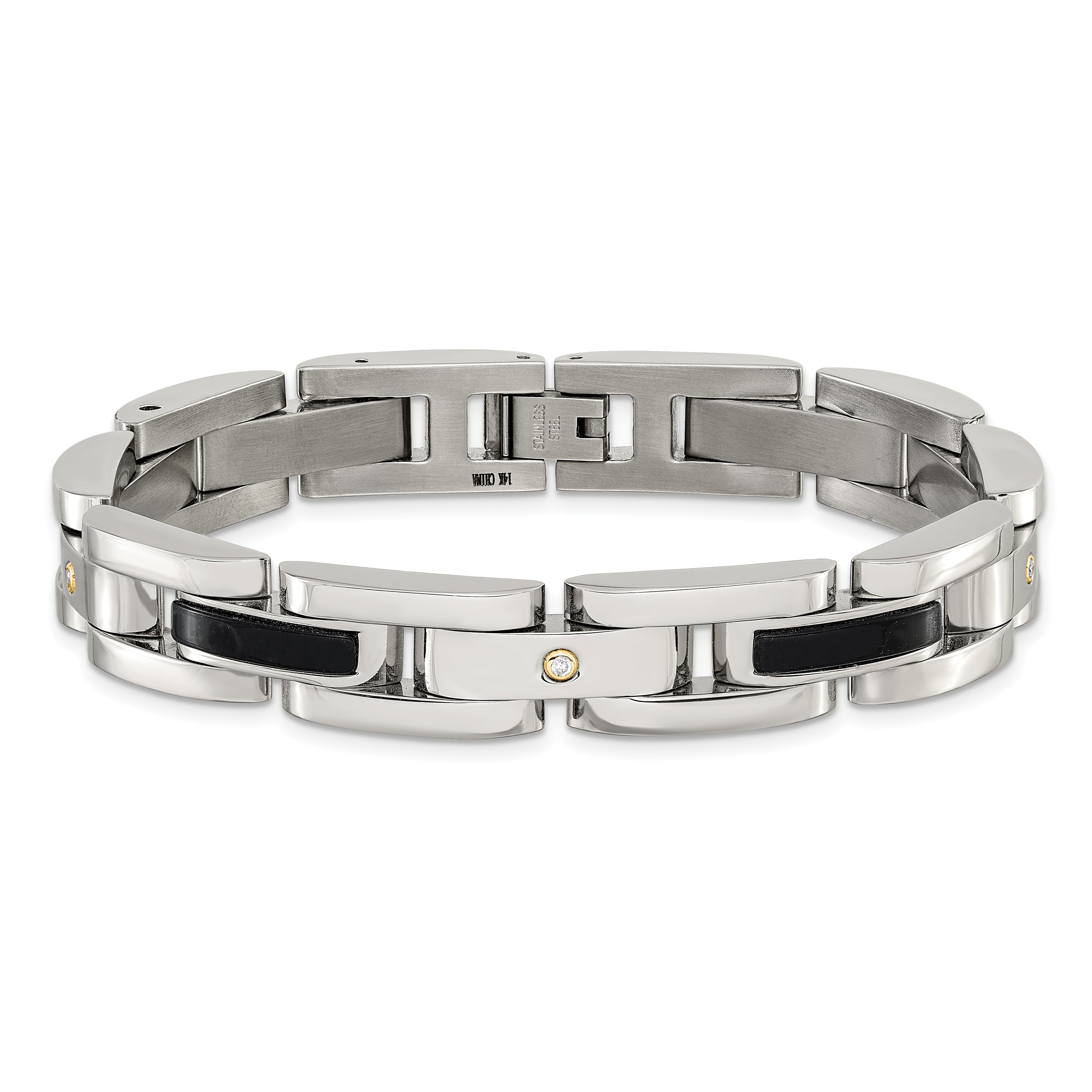 Men's Polished Diamond Stainless Steel Link Bracelet 11mm