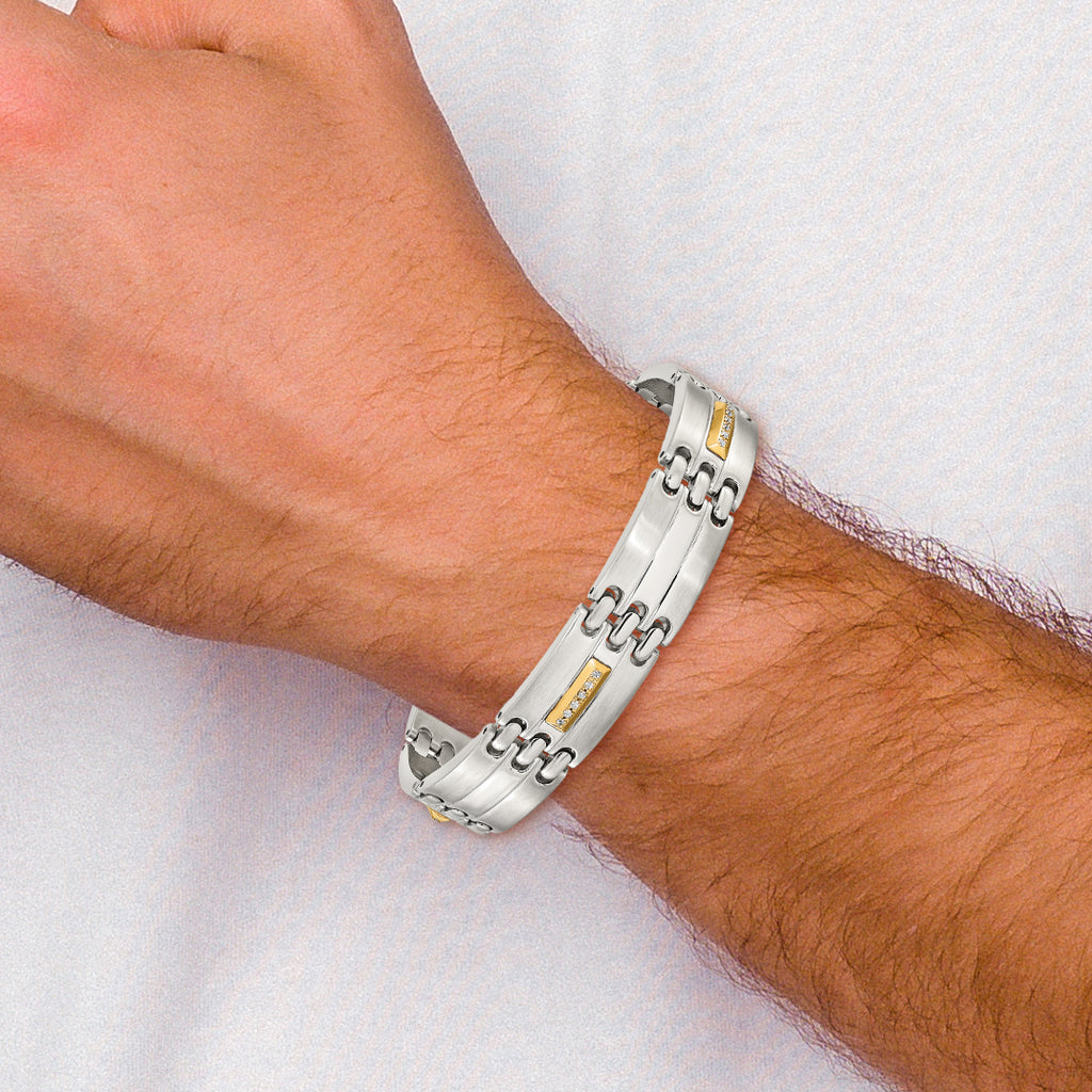 Men's Brushed and Polished Diamond Stainless Steel Link Bracelet 13.6mm