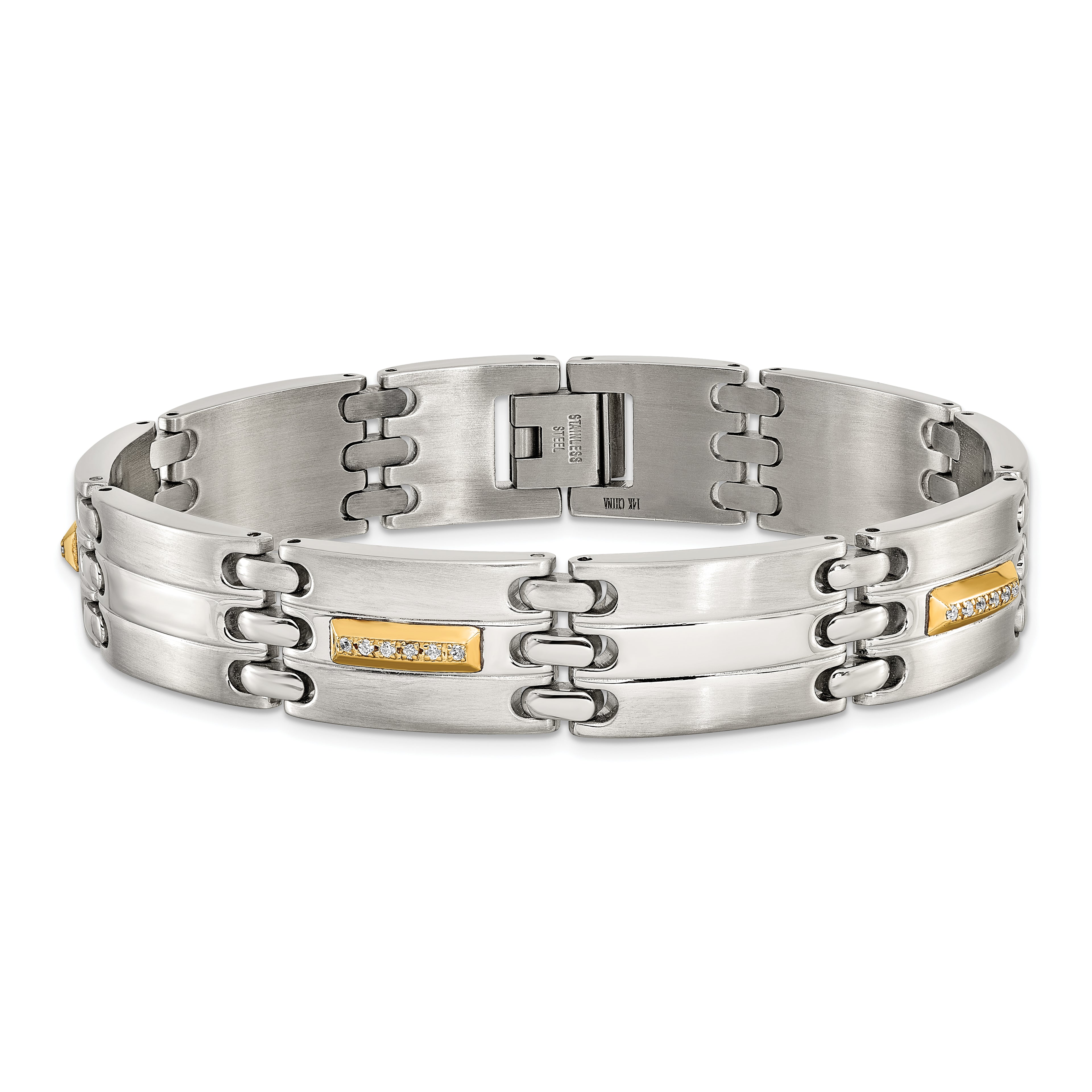 Men's Brushed and Polished Diamond Stainless Steel Link Bracelet 13.6mm