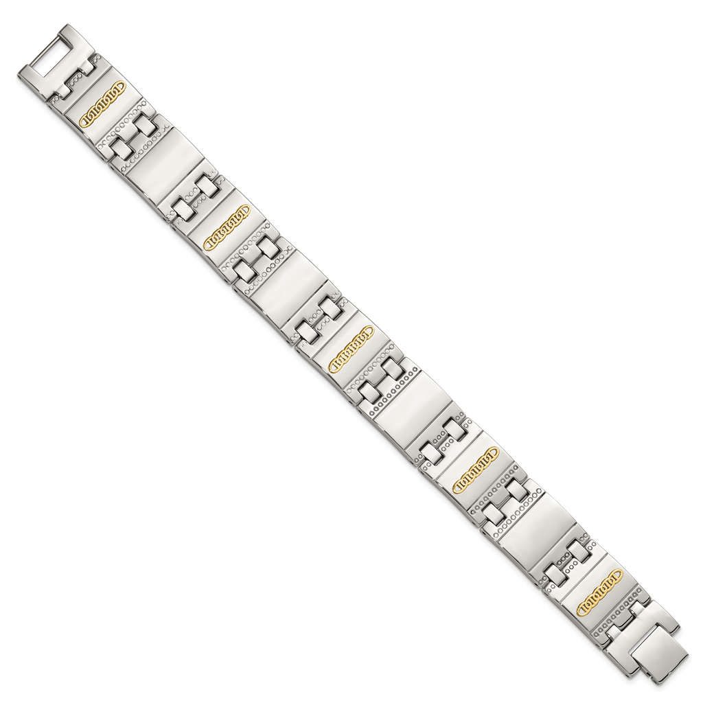 Men's Polished Textured Stainless Steel 14K Gold Accent Link Bracelet 18mm
