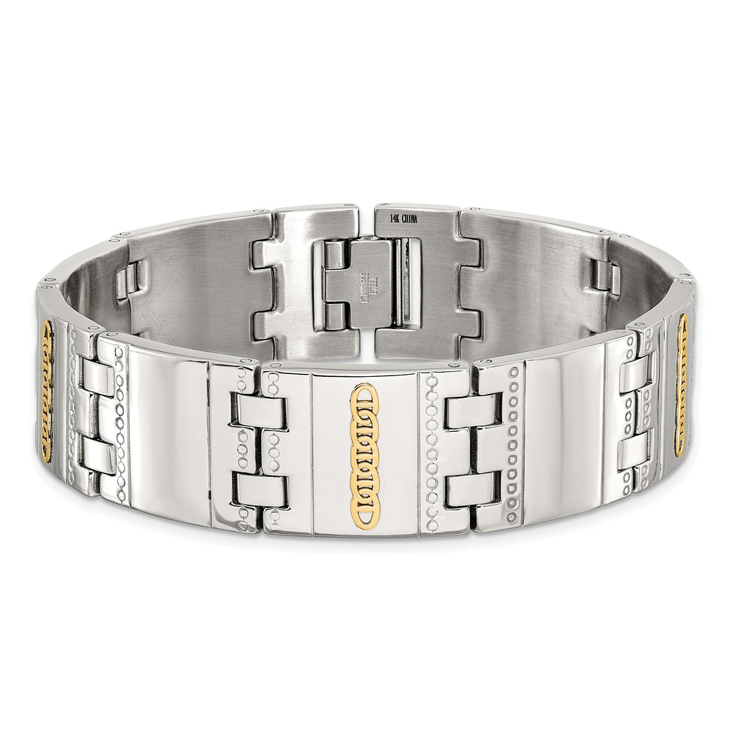Men's Polished Textured Stainless Steel 14K Gold Accent Link Bracelet 18mm