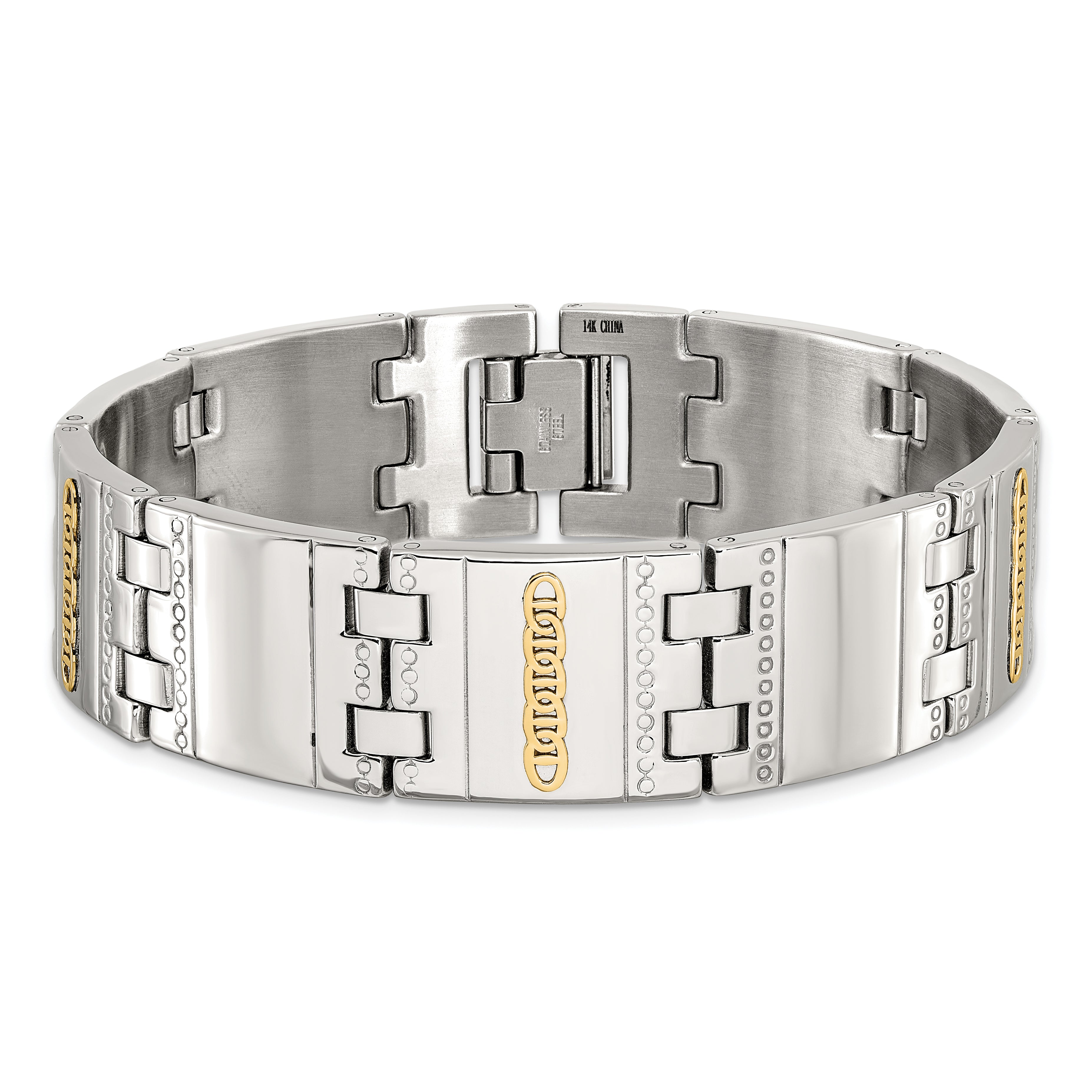 Men's Polished Textured Stainless Steel 14K Gold Accent Link Bracelet 18mm
