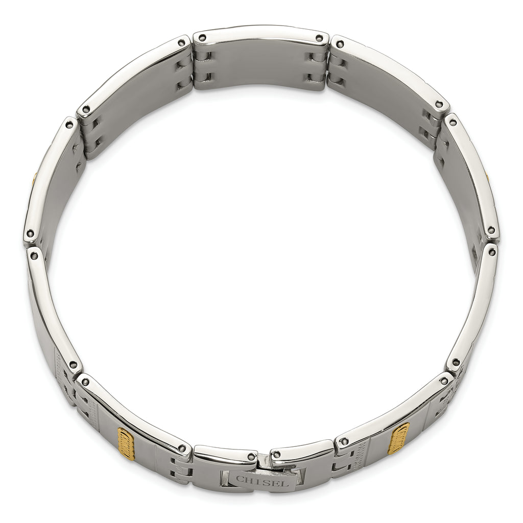 Men's Polished Textured Stainless Steel 14K Gold Accent Link Bracelet 18mm