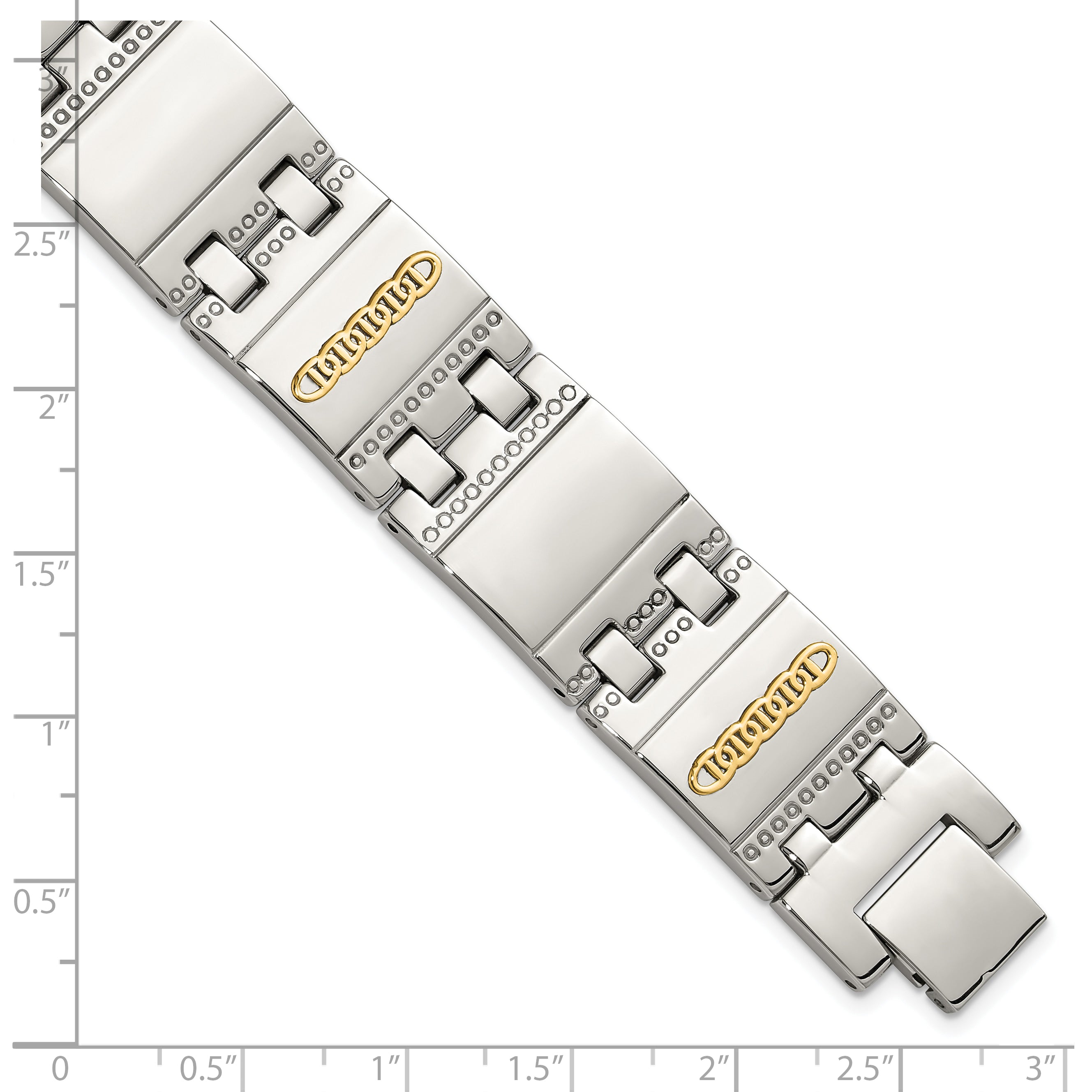 Men's Polished Textured Stainless Steel 14K Gold Accent Link Bracelet 18mm