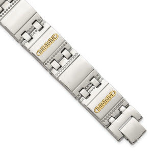 Men's Polished Textured Stainless Steel 14K Gold Accent Link Bracelet 18mm