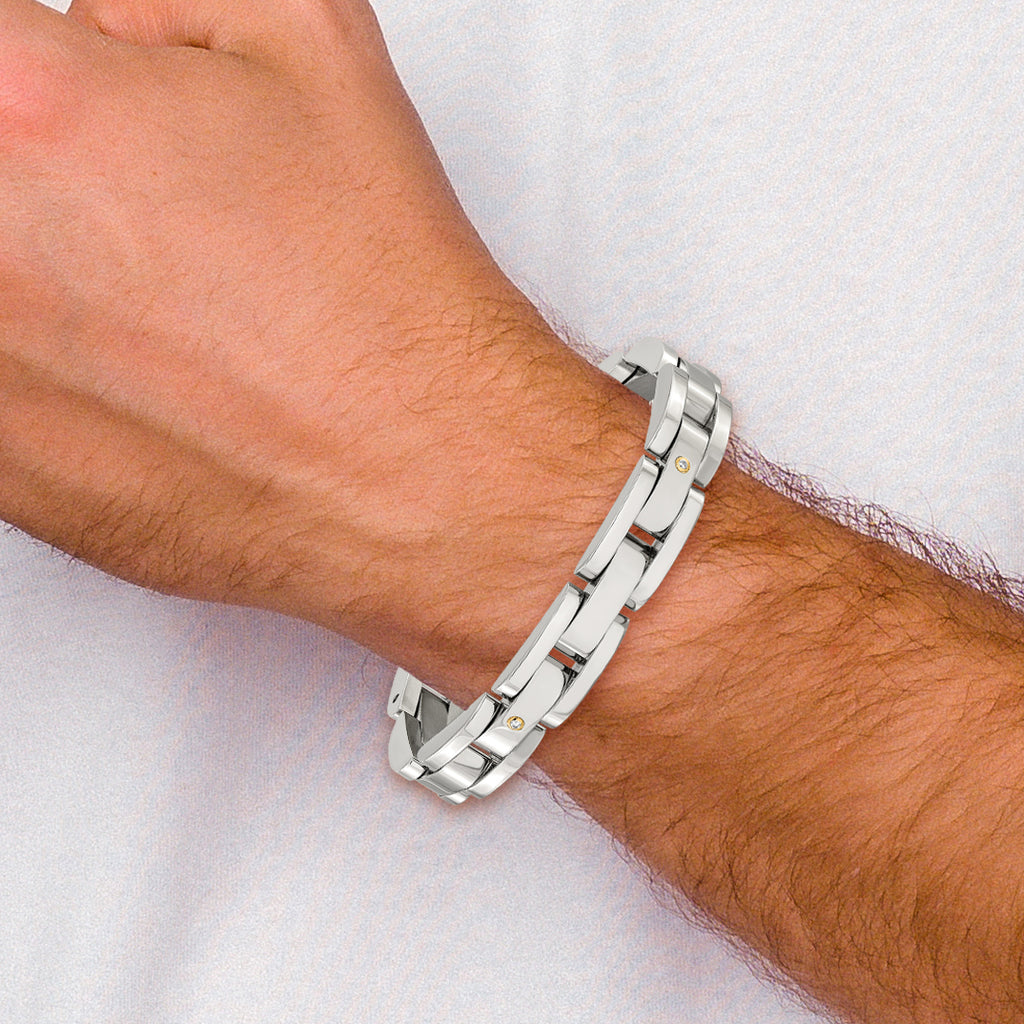 Men's Polished Diamond Stainless Steel Link Bracelet 11mm 8.25in