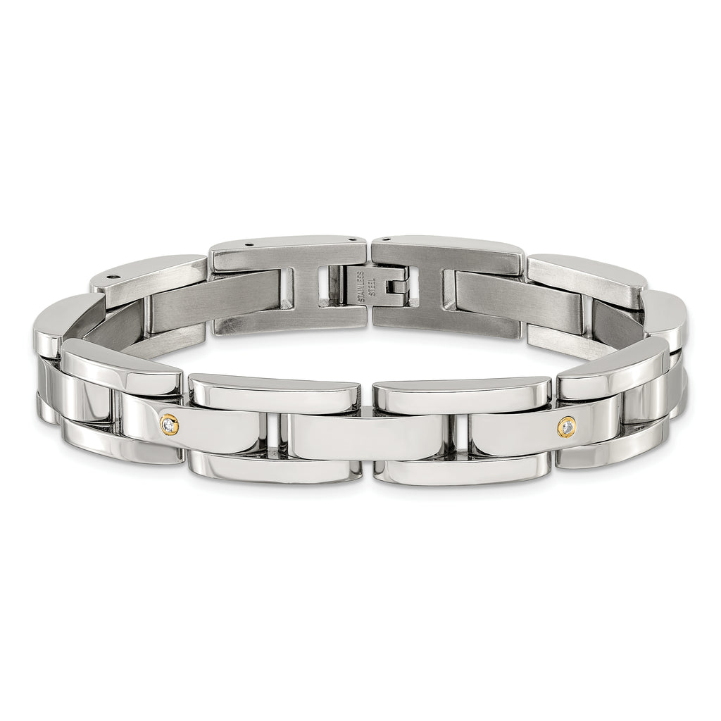 Men's Polished Diamond Stainless Steel Link Bracelet 11mm 8.25in