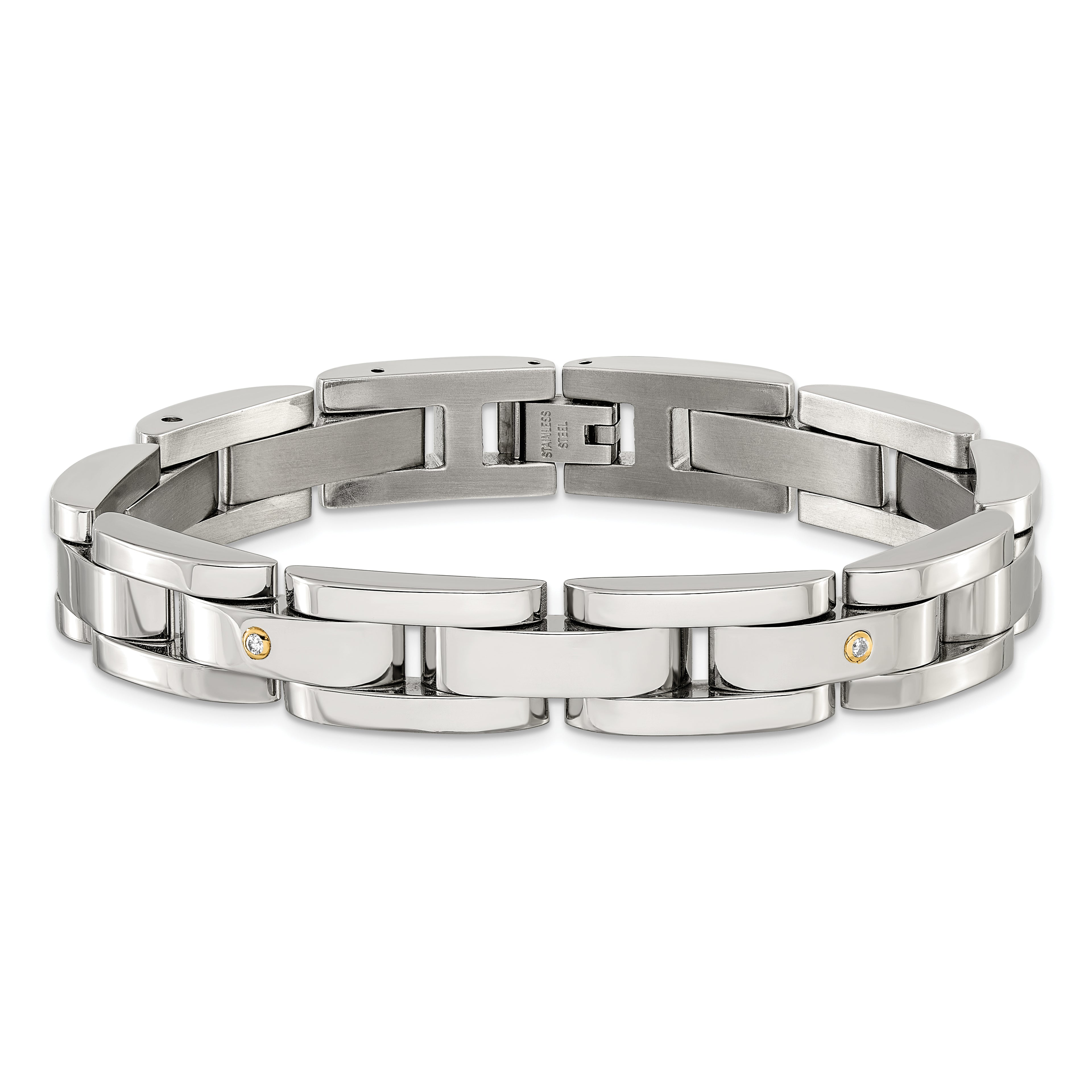 Men's Polished Diamond Stainless Steel Link Bracelet 11mm 8.25in