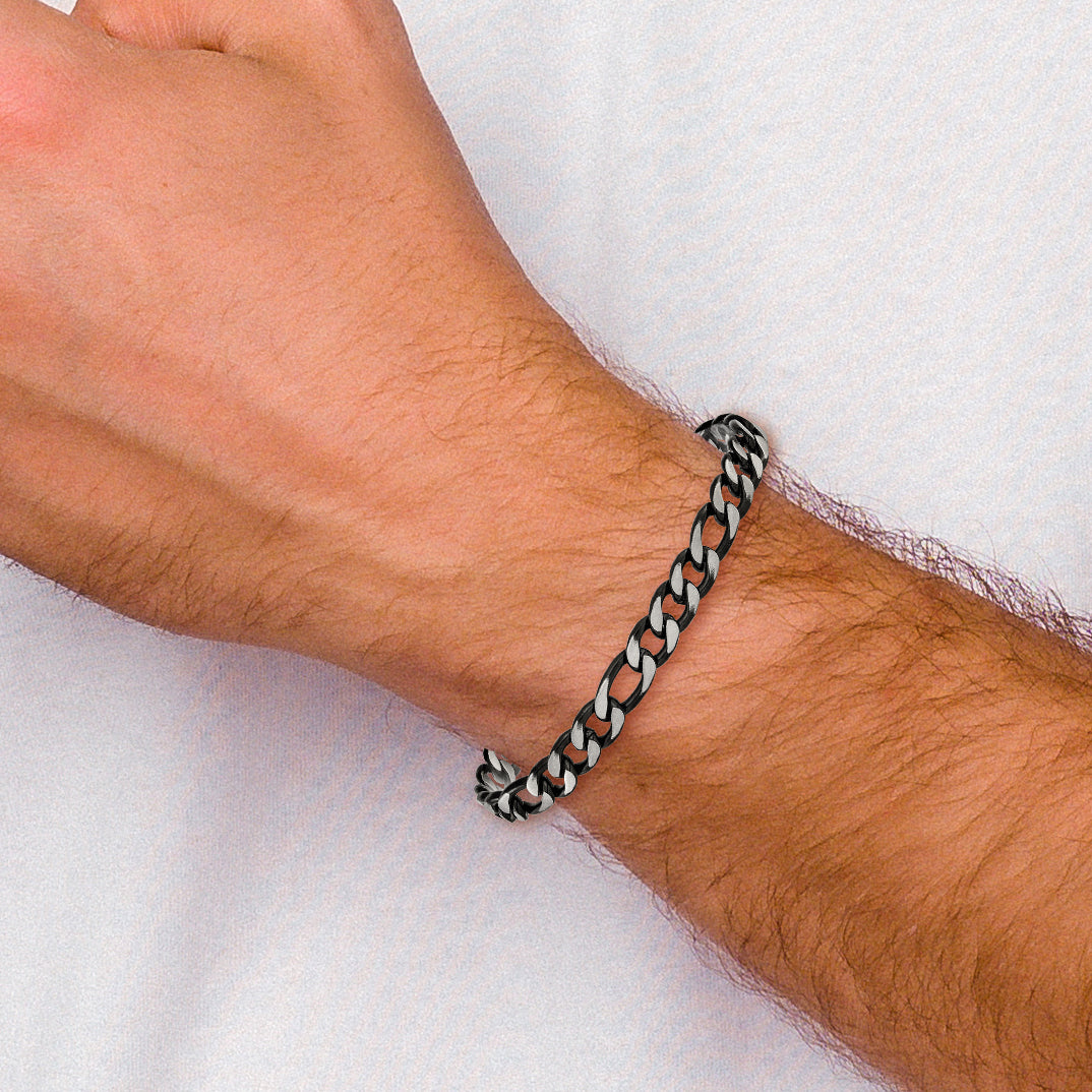 Men's Brushed and Polished Black Stainless Steel Figaro Chain Bracelet 7.5mm