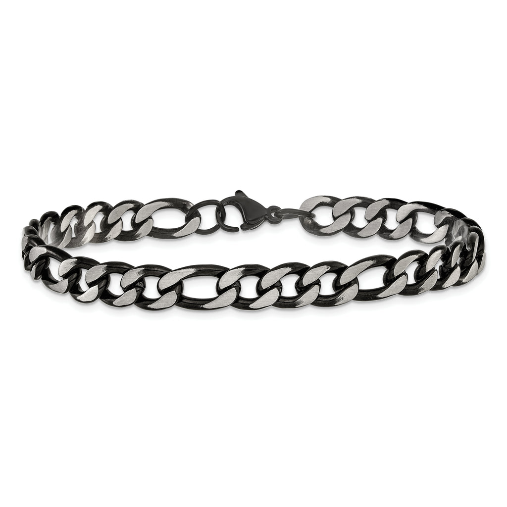 Men's Brushed and Polished Black Stainless Steel Figaro Chain Bracelet 7.5mm