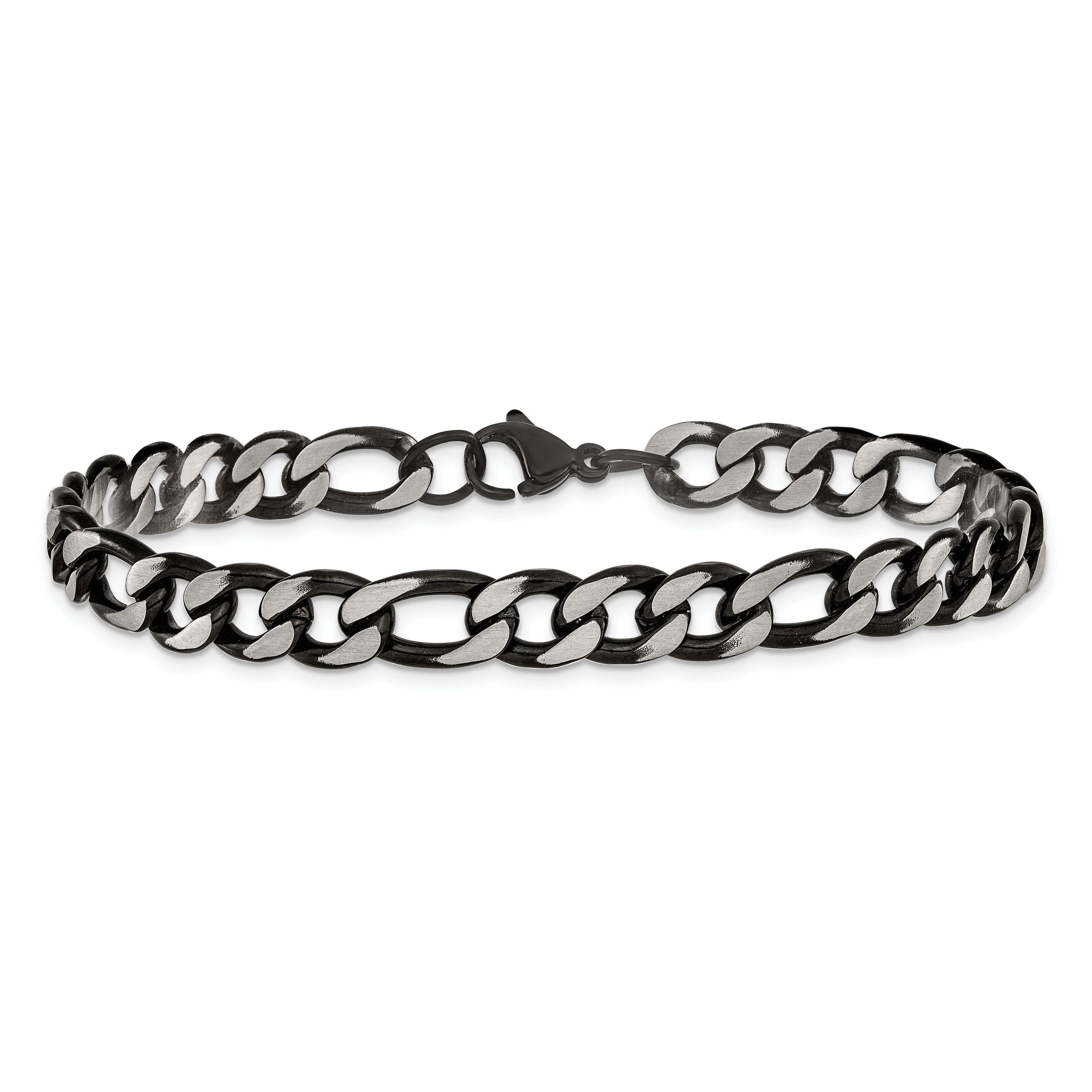 Men's Brushed and Polished Black Stainless Steel Figaro Chain Bracelet 7.5mm