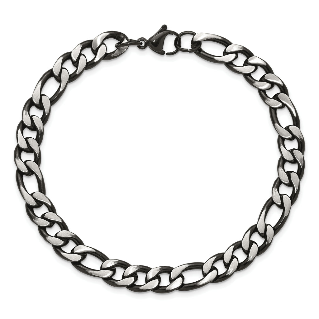 Men's Brushed and Polished Black Stainless Steel Figaro Chain Bracelet 7.5mm