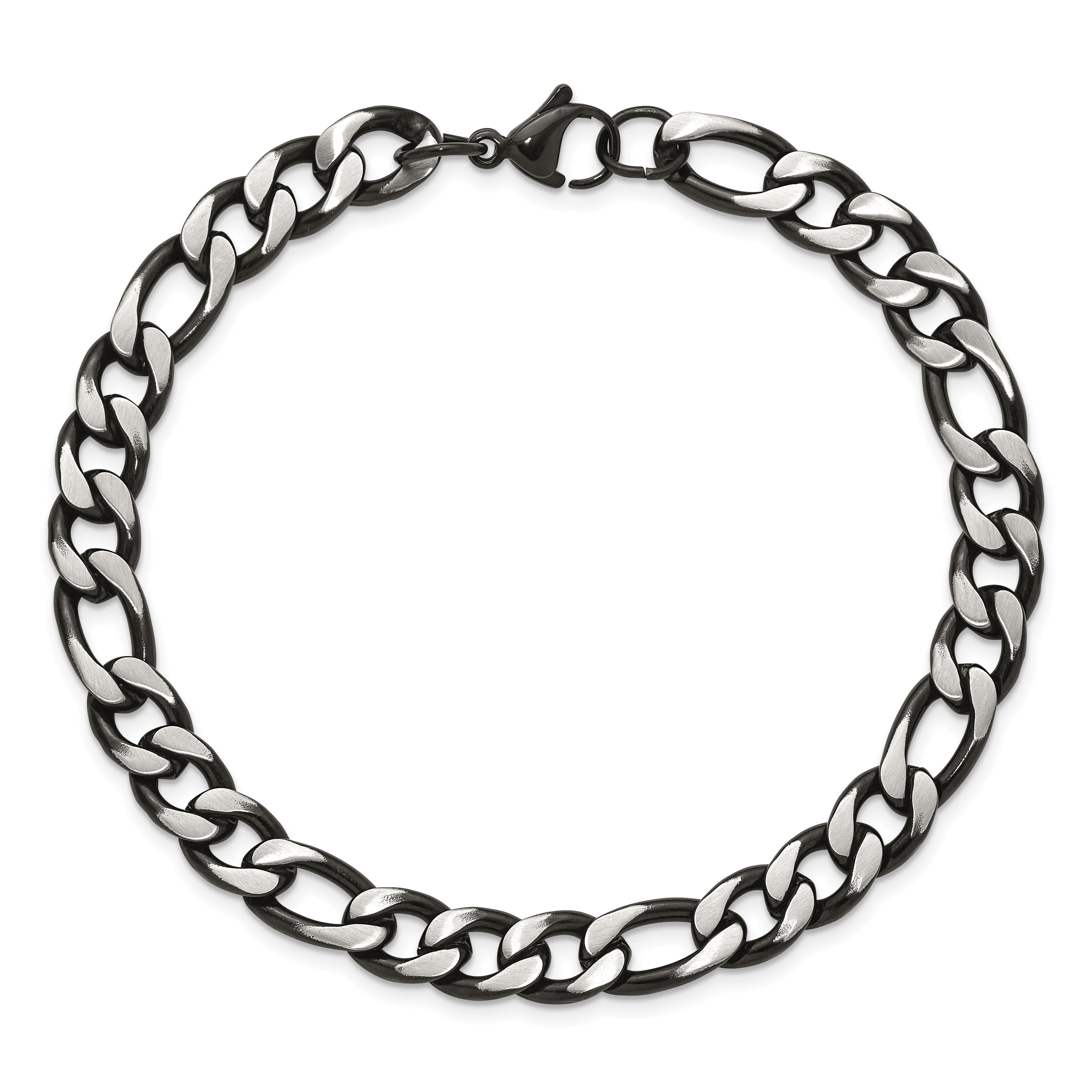 Men's Brushed and Polished Black Stainless Steel Figaro Chain Bracelet 7.5mm