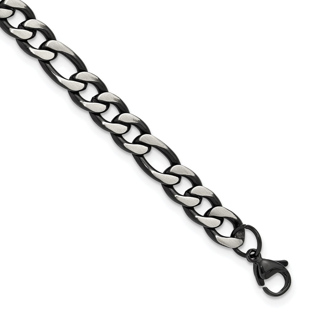 Men's Brushed and Polished Black Stainless Steel Figaro Chain Bracelet 7.5mm