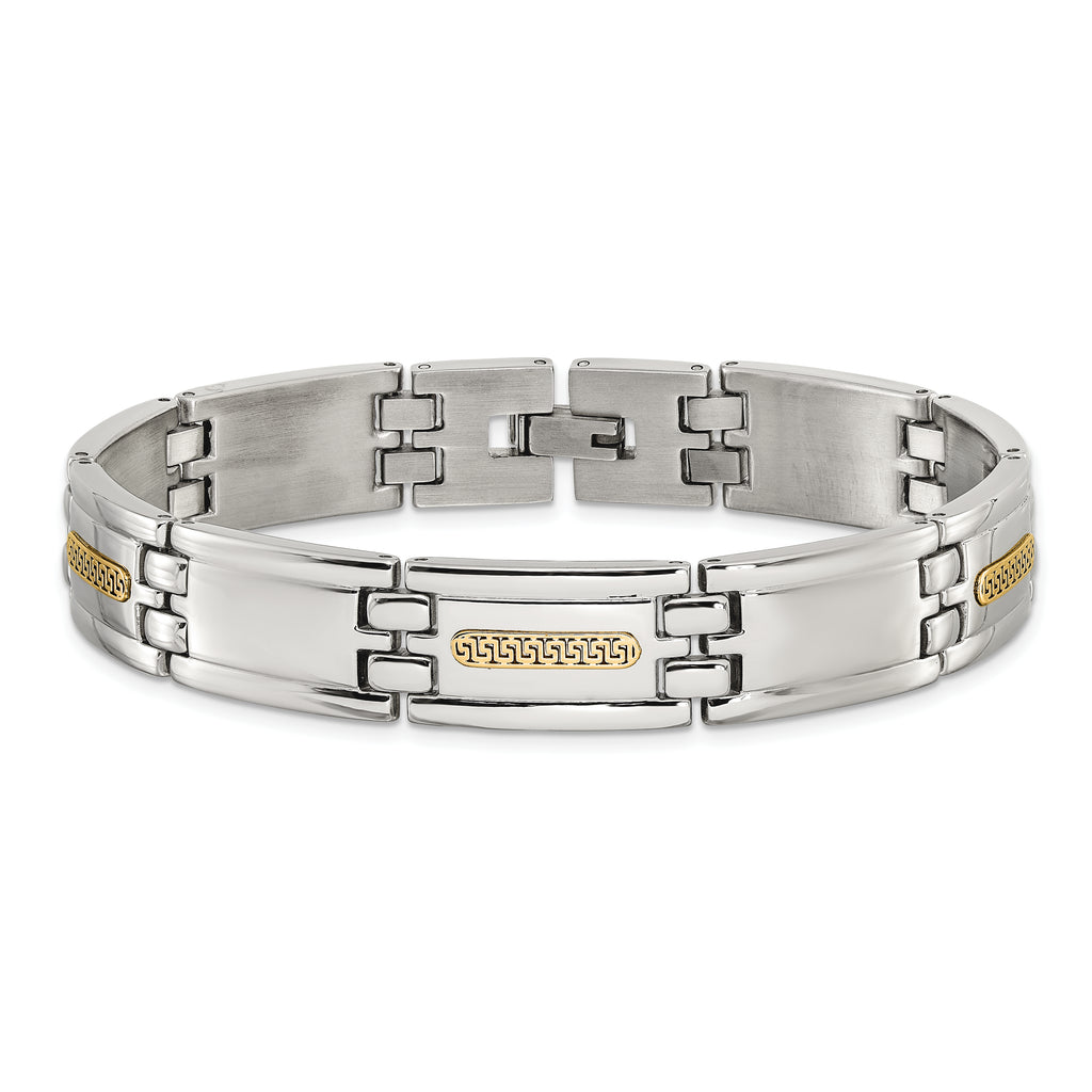Men's Polished Stainless Steel 14K Gold Accent Link Bracelet 12.5mm