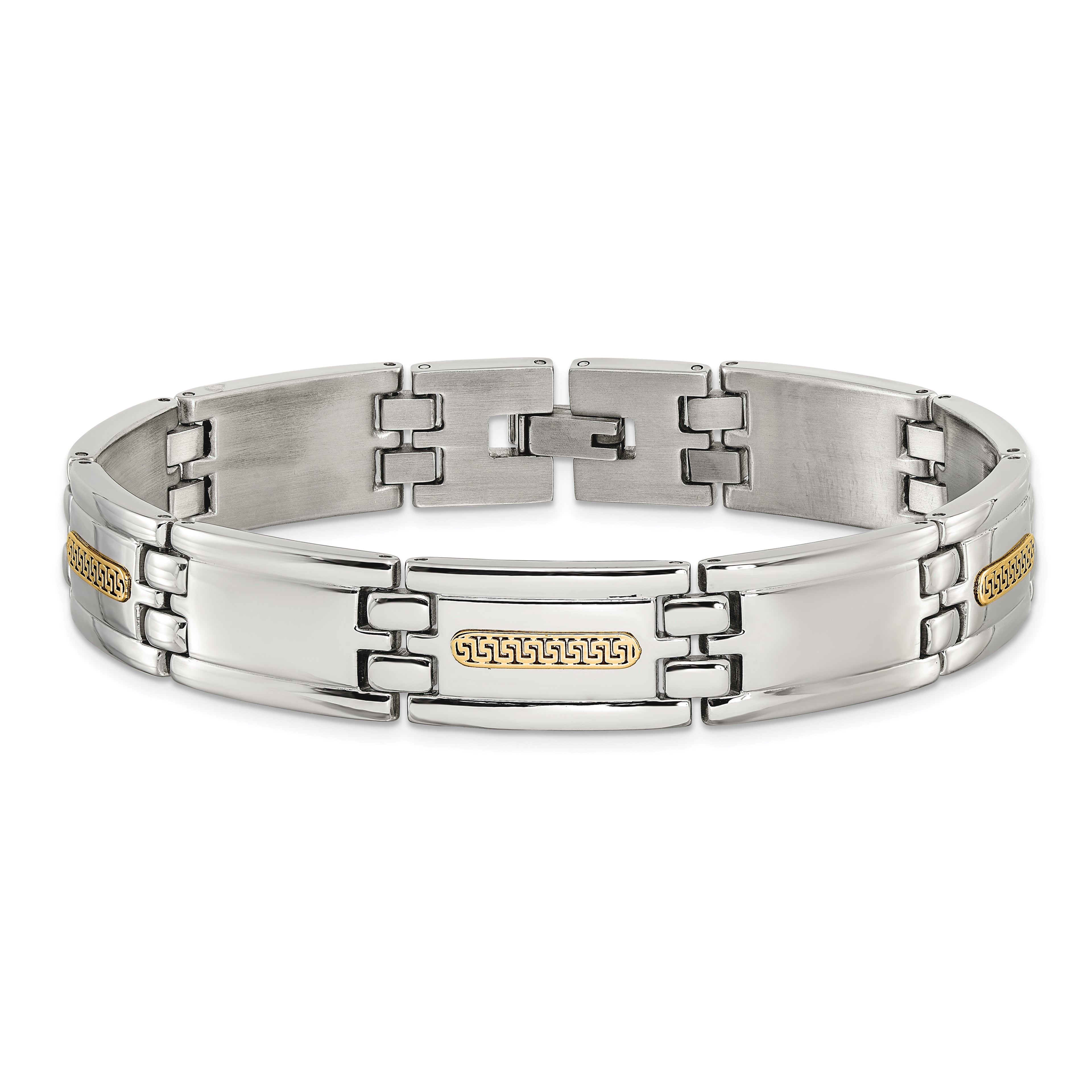 Men's Polished Stainless Steel 14K Gold Accent Link Bracelet 12.5mm